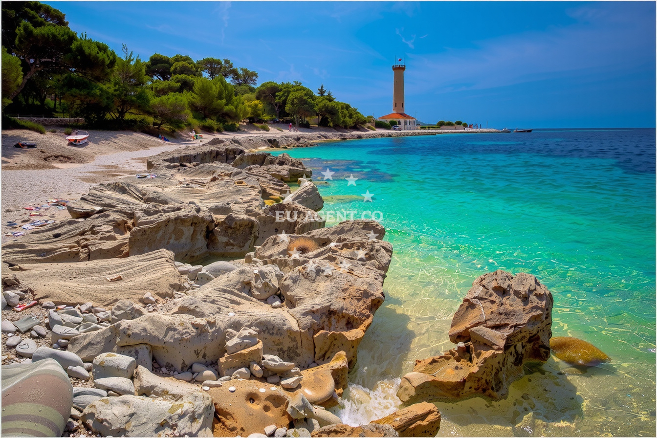 Coastline of Dugi Otok with buoy field in the distance, North Dalmatia, Croatia