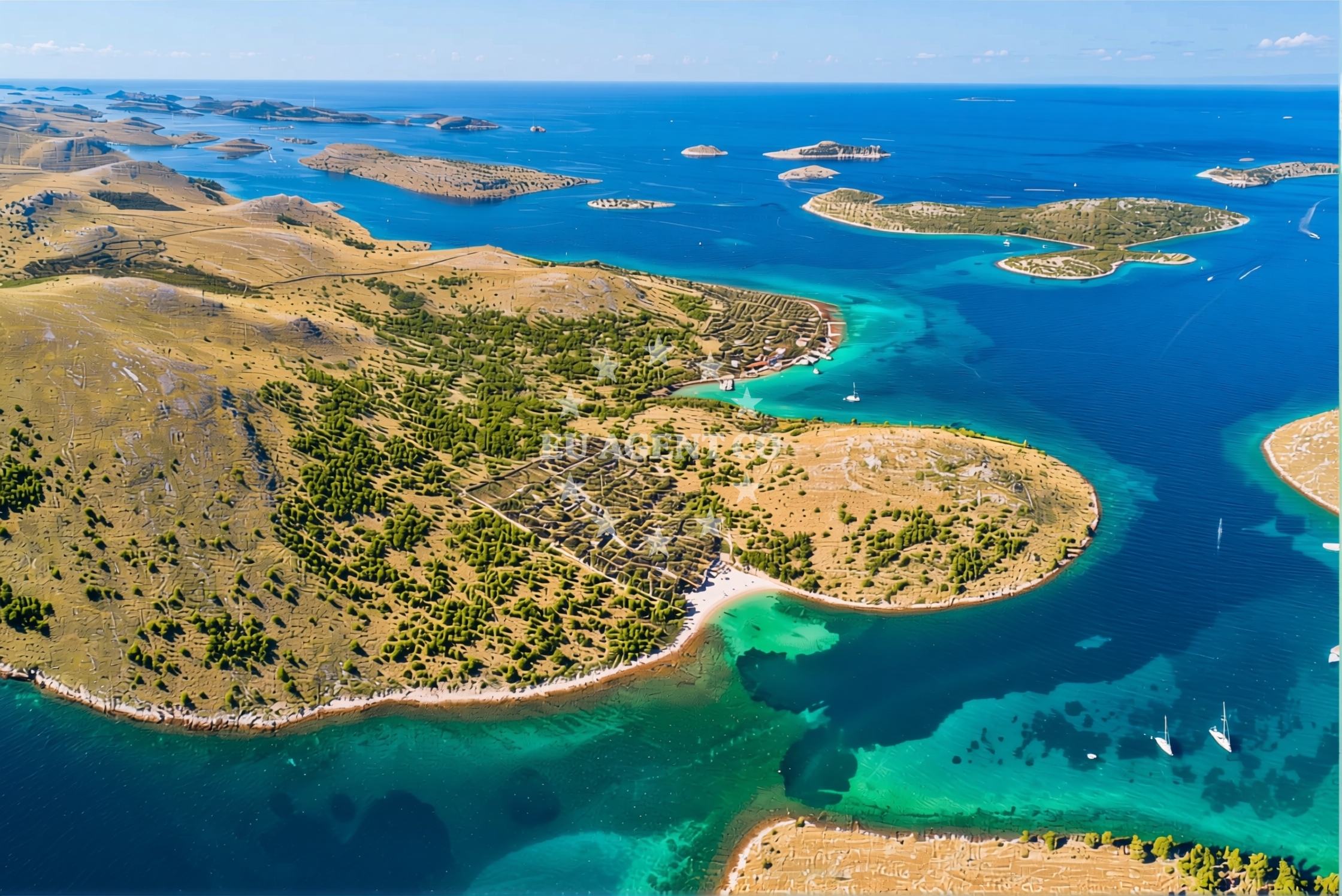 Kornat Jetty with boats moored in shallow waters near Ropotnica Bay