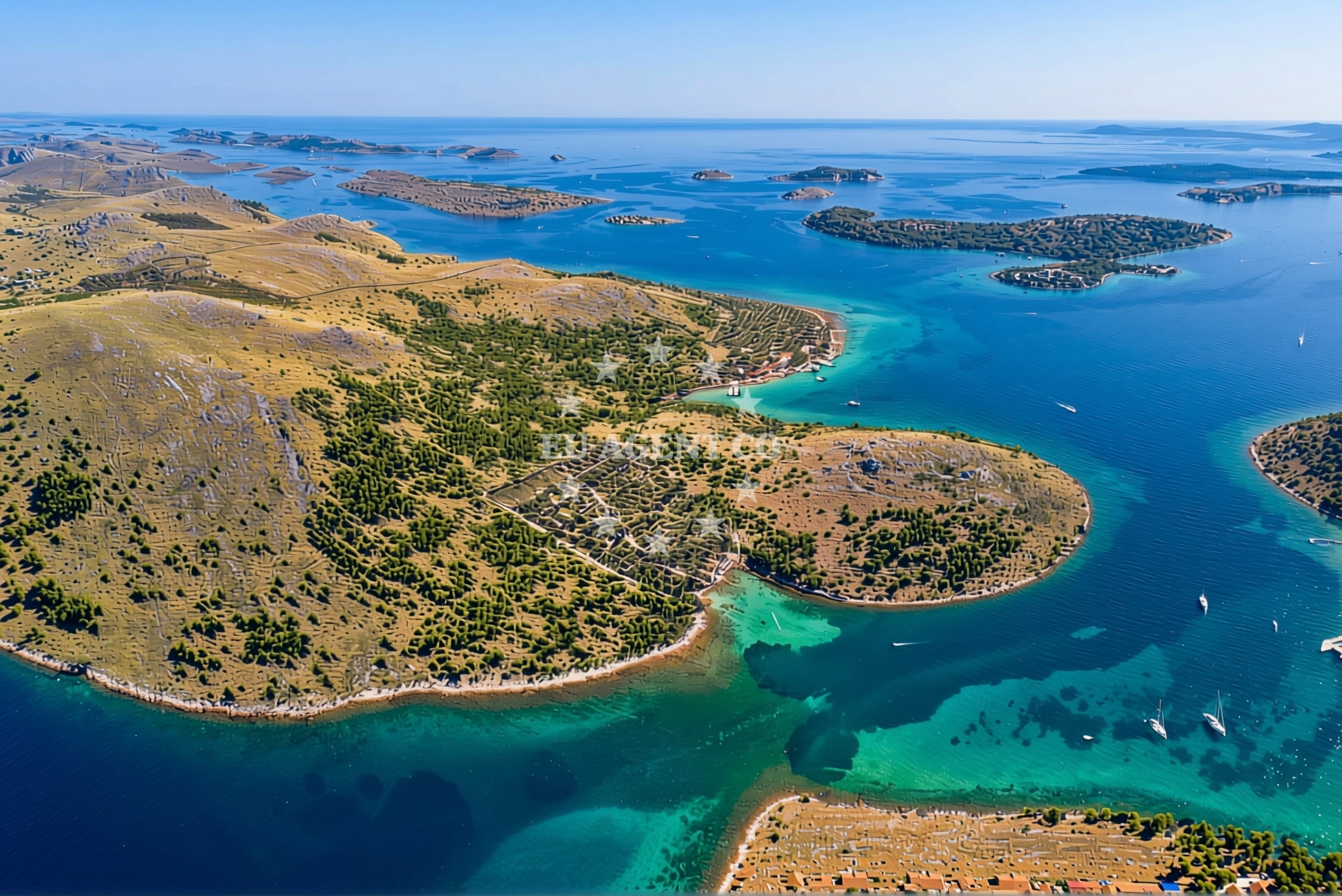 Kornat Jetty with boats moored near Šipnate Bay, North Dalmatia, Croatia