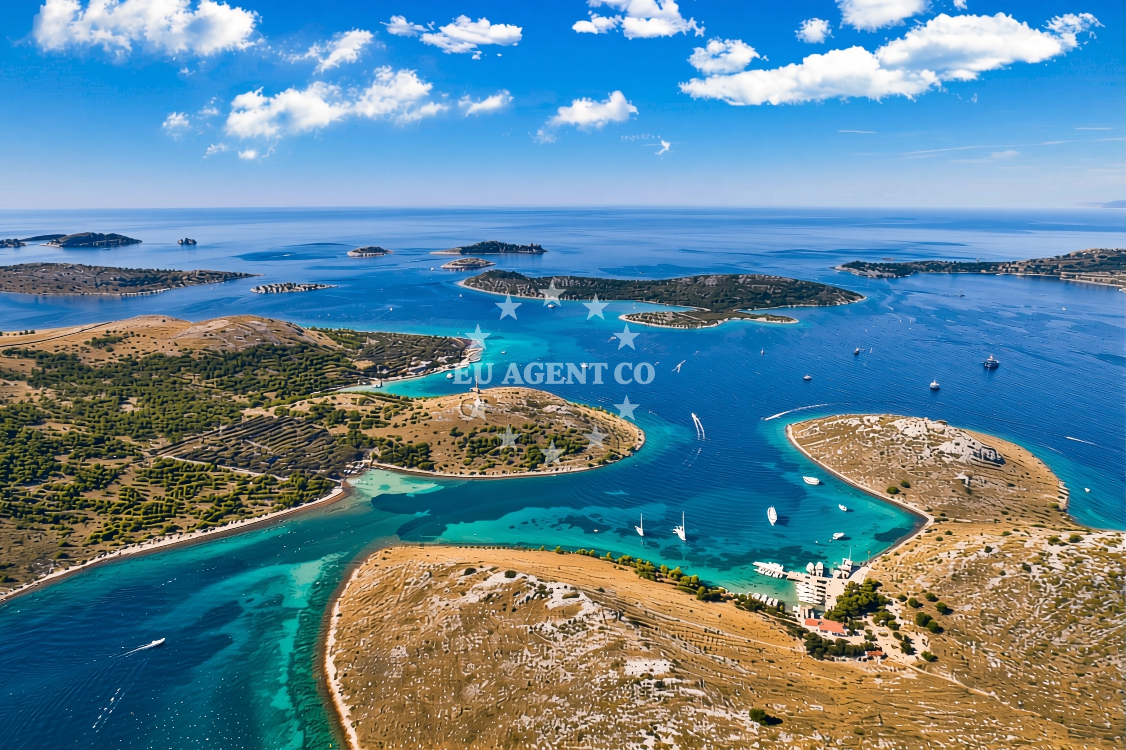 Sailboats approaching Kornat Jetty with the island of Kornat in the background