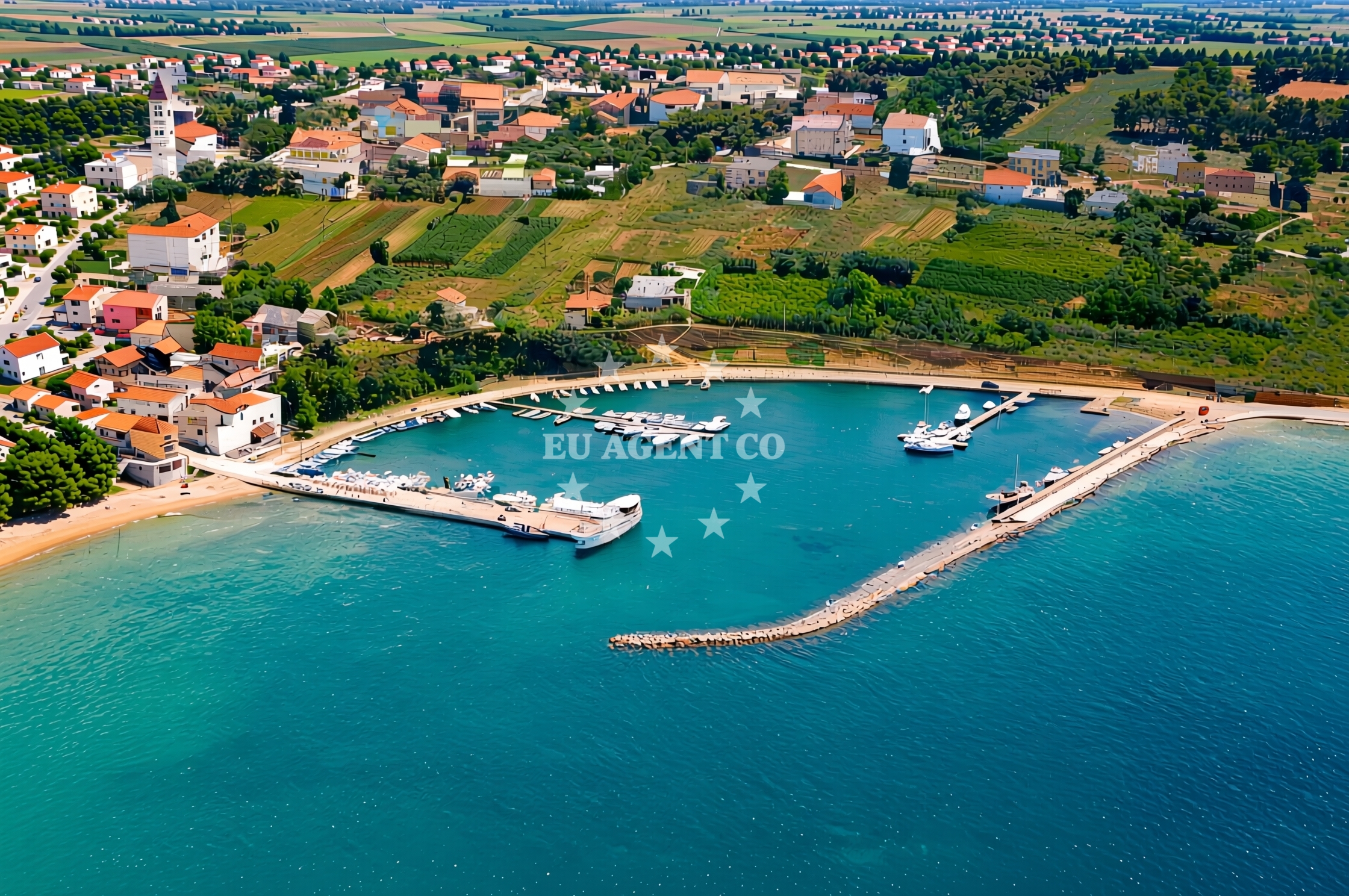Northern Dalmatian jetty with mooring buoys and coastal vessel traffic