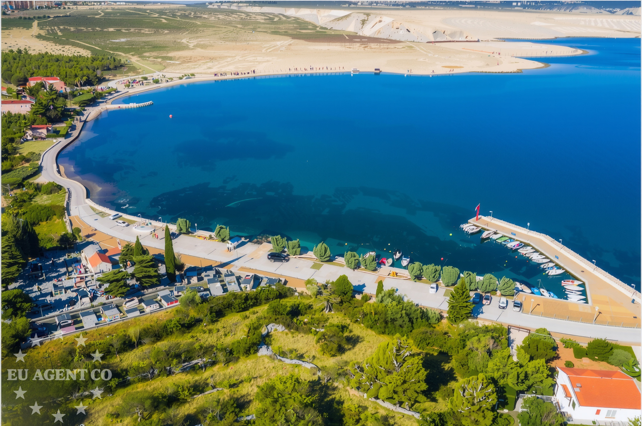 Adriatic coastline near Rovanjska, Croatia, featuring a jetty and surrounding natural scenery