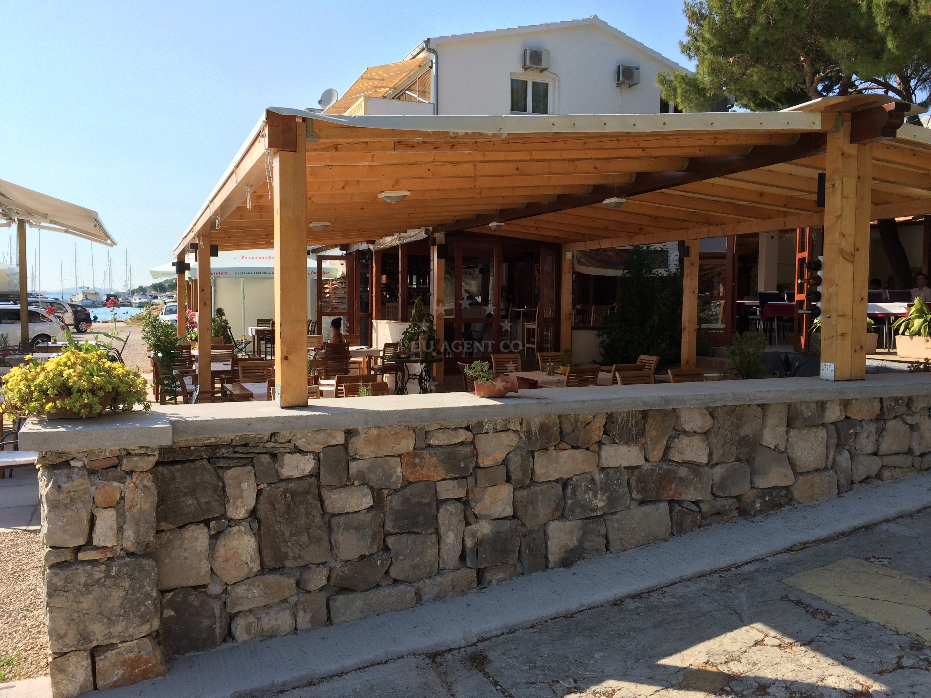 View of Prova Restaurant and jetty in Tisno, North Dalmatia, Croatia