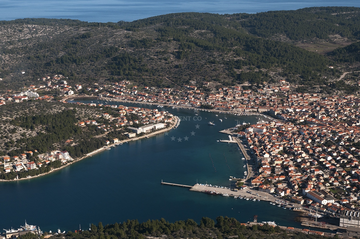 Sailboat moored at buoy field in Vela Luka, Korcula