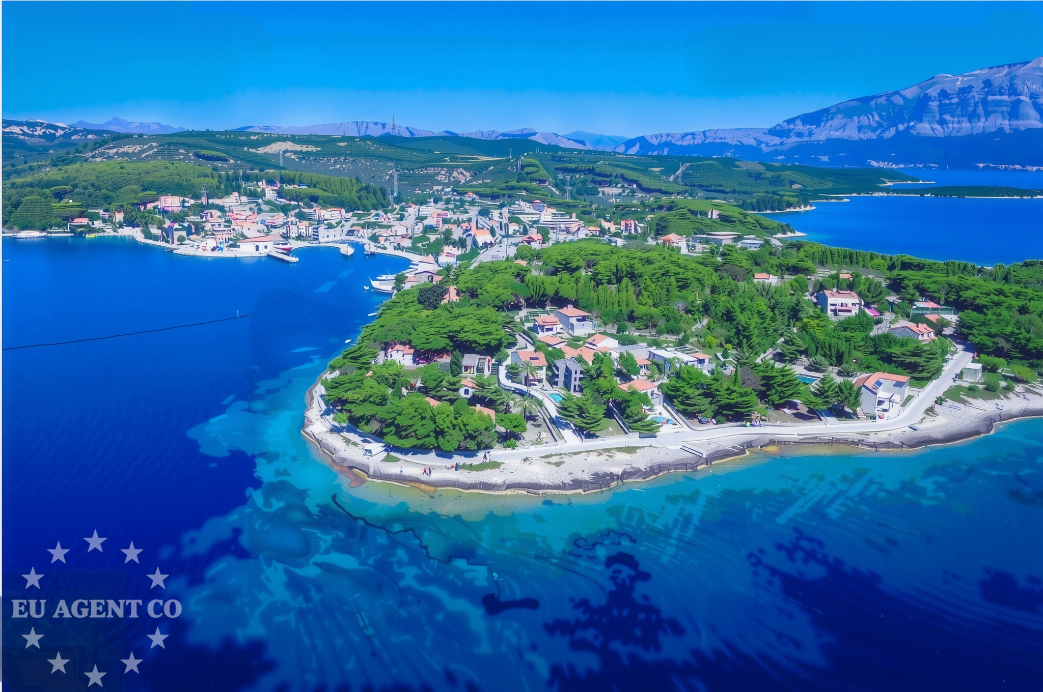 Coastal view of Sumartin, Brač, with fuel station in the distance