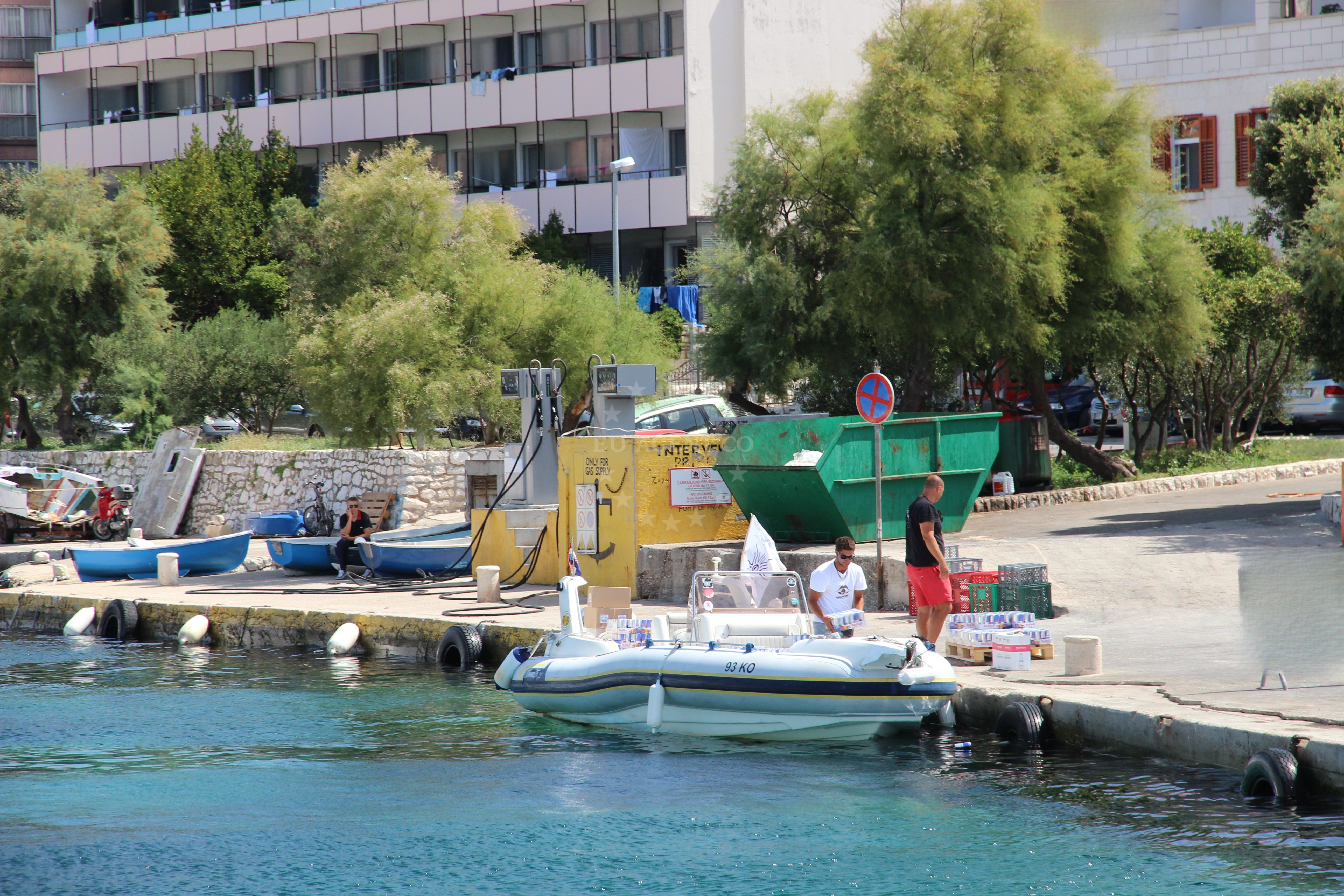 Fuel station in Hvar, Central Dalmatia, Croatia with local boats in the bay