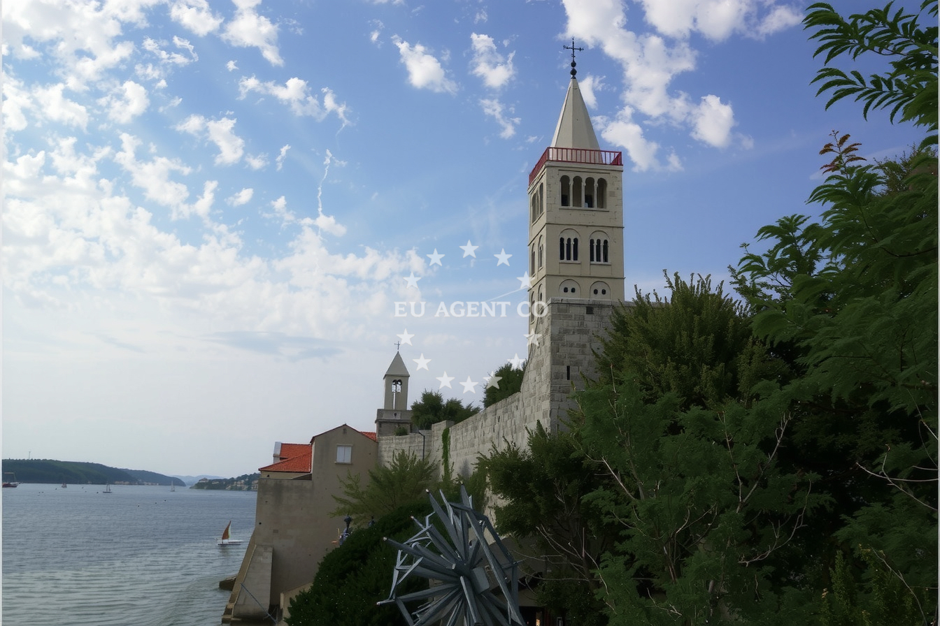 Ina Fuel Station in Rab, Croatia, with a motor yacht at the dock