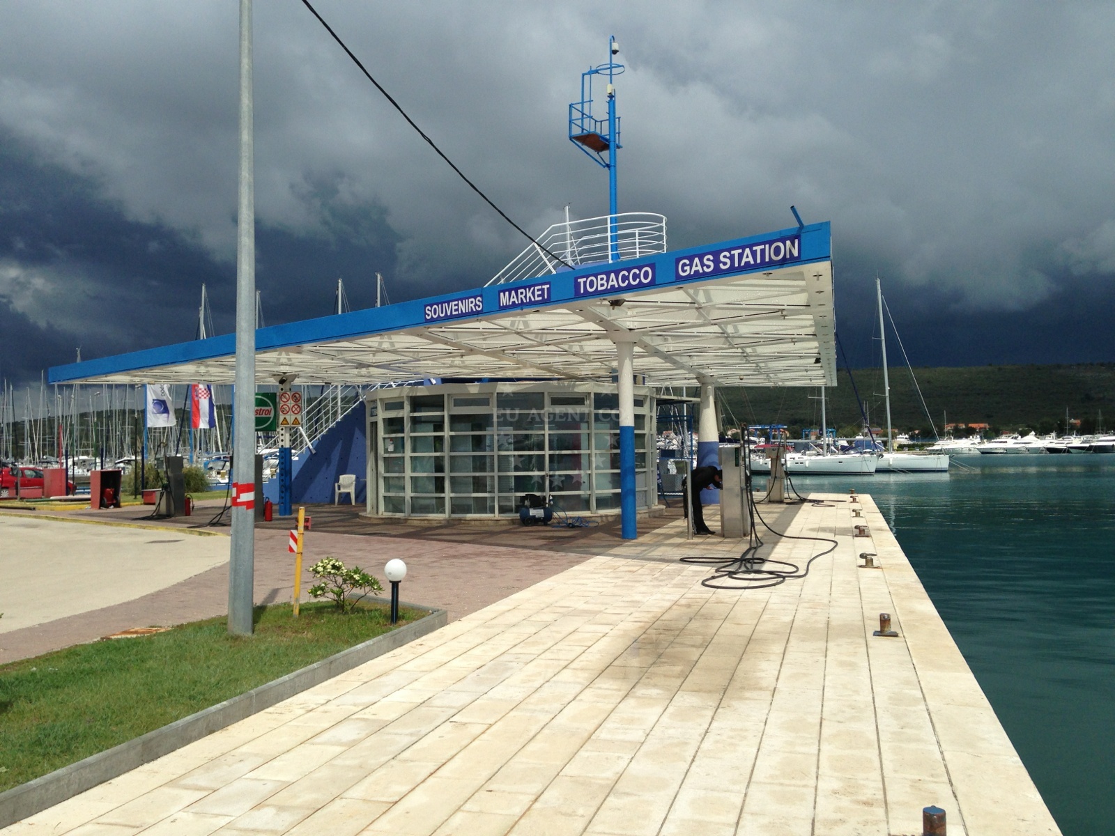 Fuel station in Sukosan, North Dalmatia, Croatia with marina Dalmacija in the background