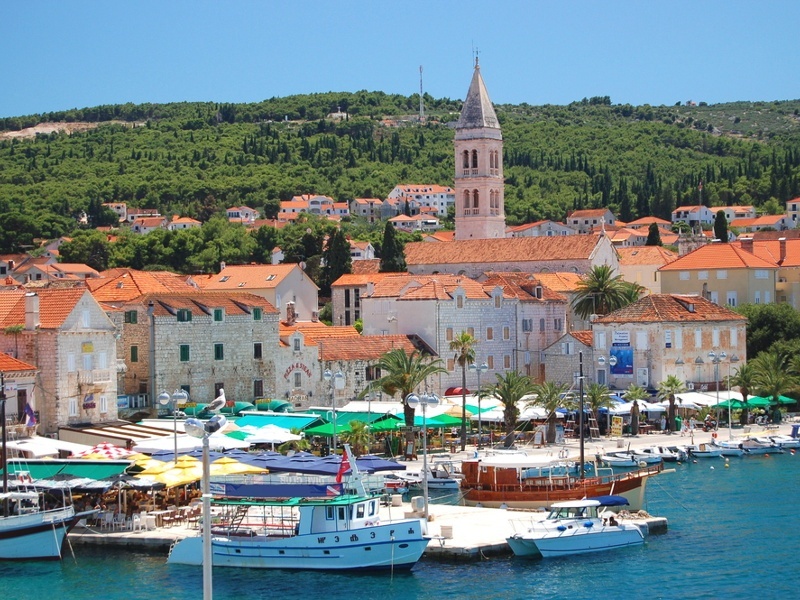 Supetar Harbour with mooring lines and the town of Supetar in the background