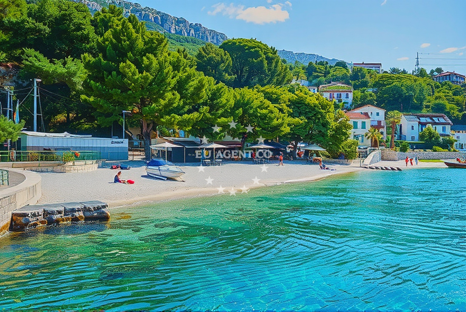 Krilo Beach in Jesenice, Croatia with clear blue waters and rocky shoreline