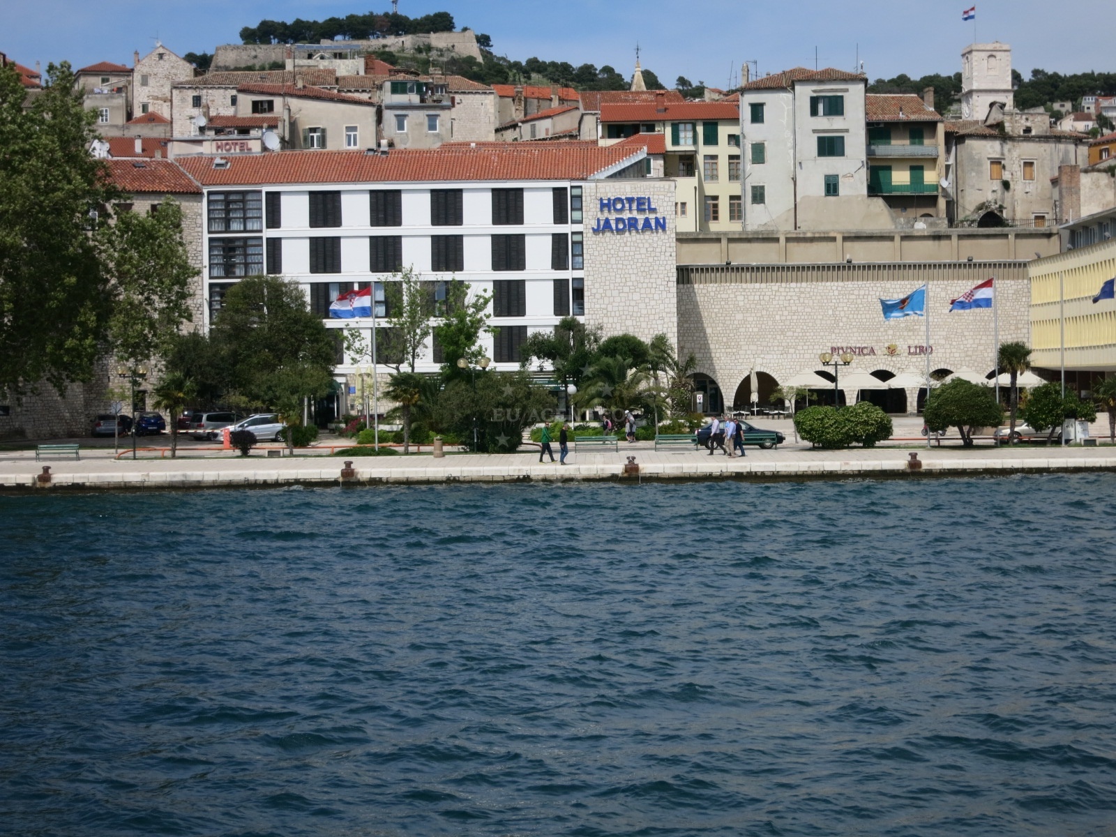 Yacht berthing at Šibenik Harbour with the town quay in the background.