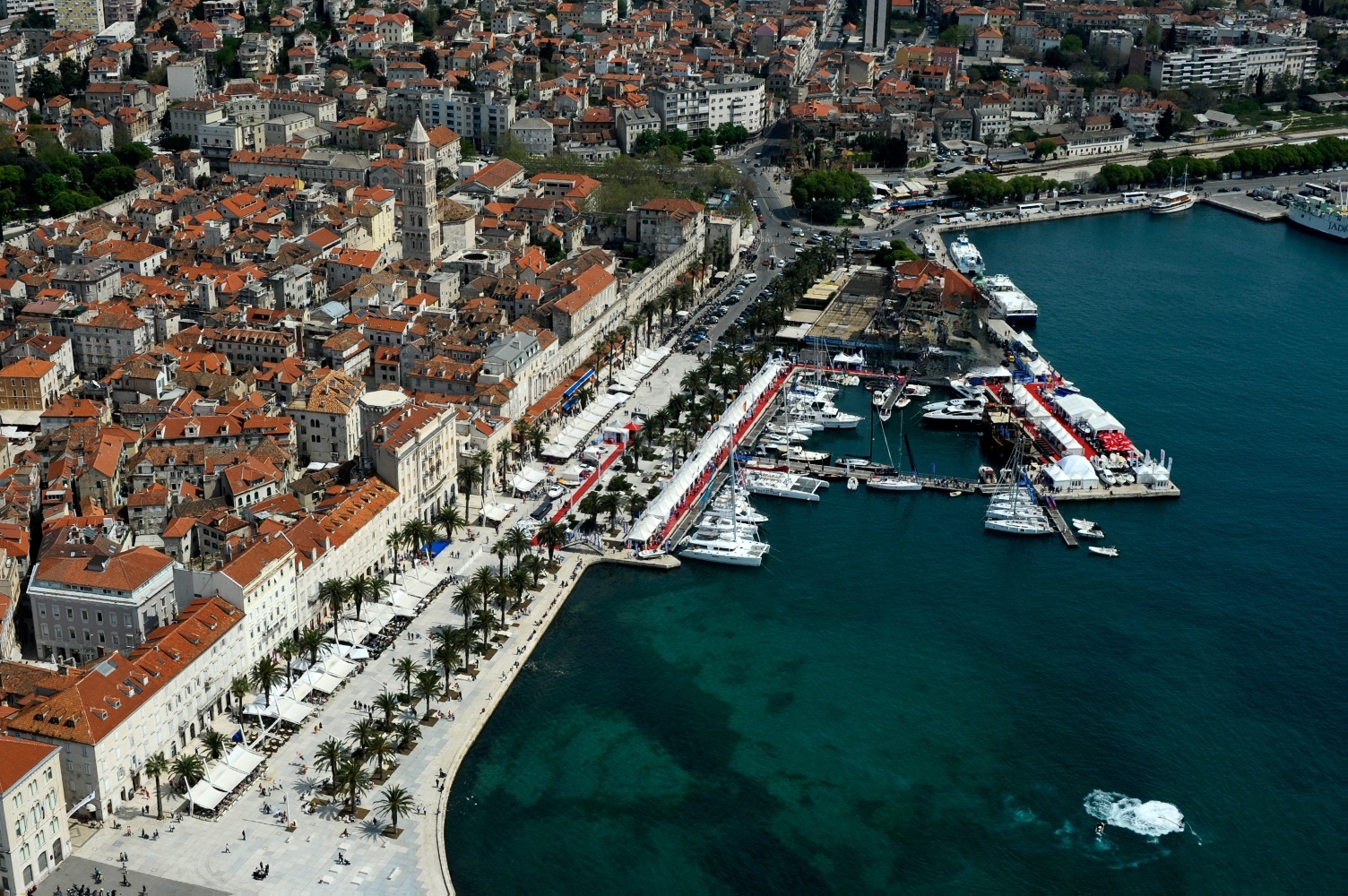 Split Harbour, Croatia with historic architecture and yachts in the background