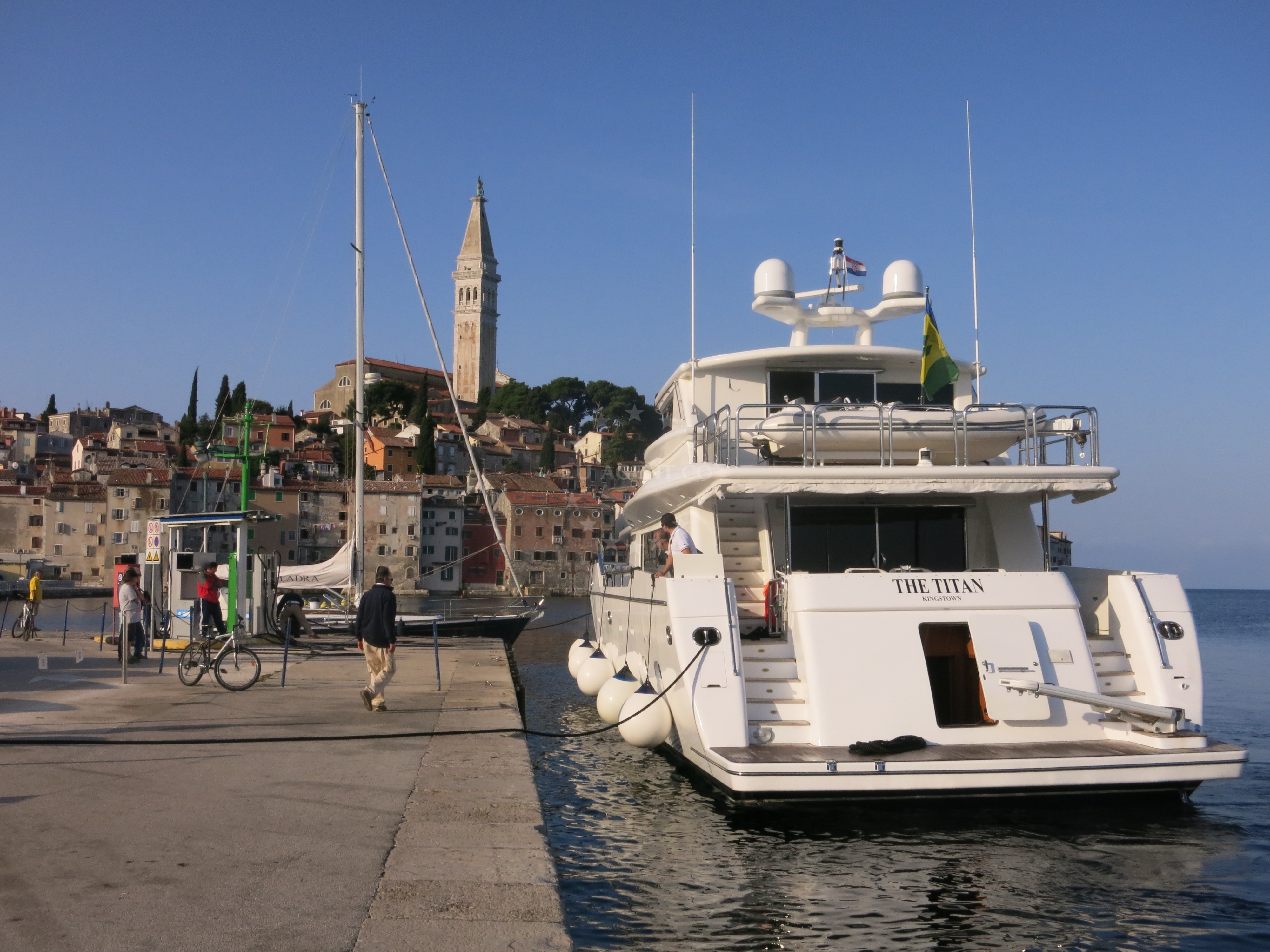 Valdibora Harbour in Rovinj, Croatia with concrete quay and mooring lines