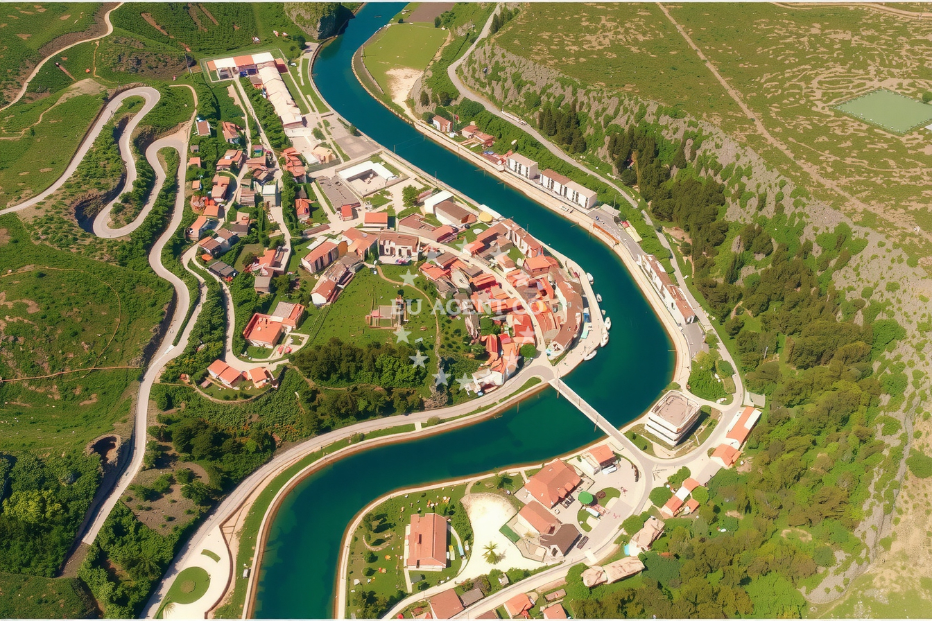 Approach to Obrovac Harbour with new square buildings along the river