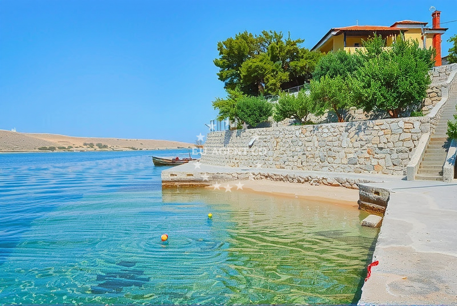 Shallow bay near Miskovici Harbour with caution signs