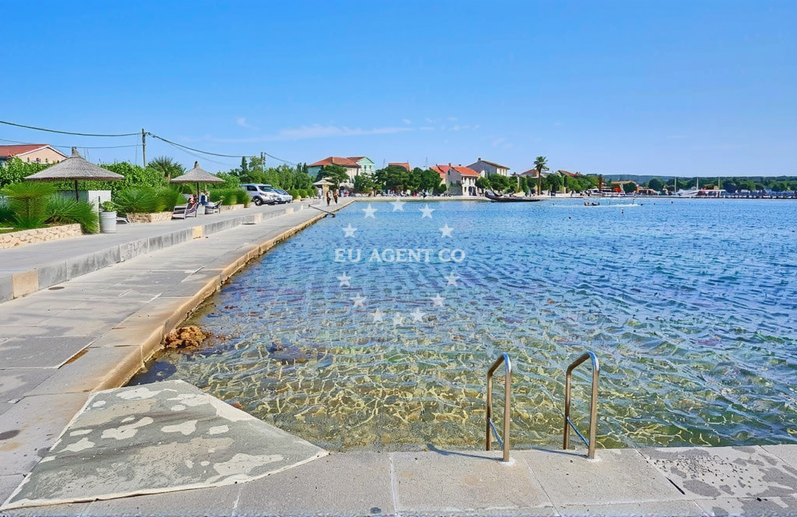 Narrowest section of the Pašman channel with warning signs for safe navigation