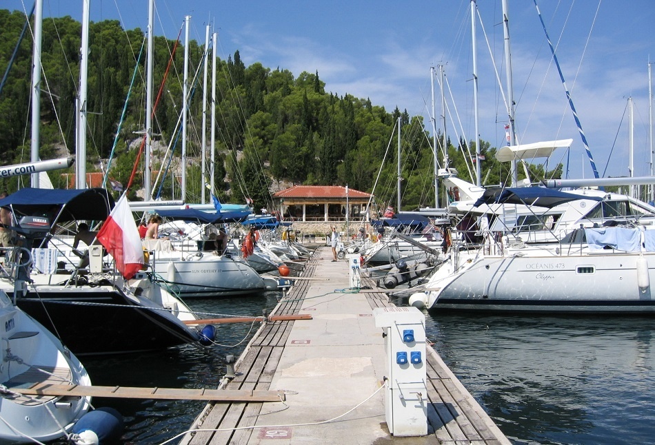 Skradin Harbour with the Krka River in the background.