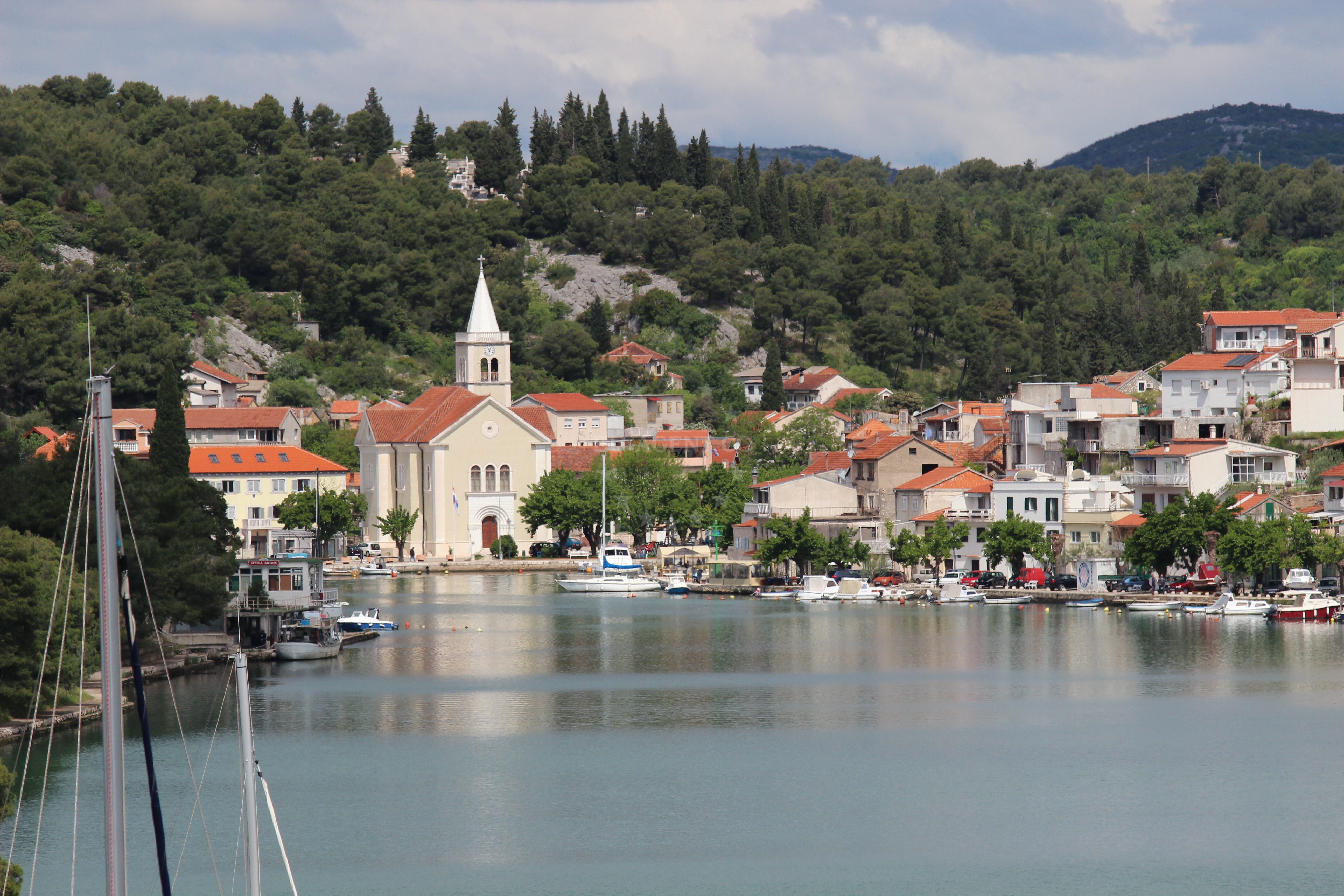 Bell tower marking the central shoreline of Zaton Harbour