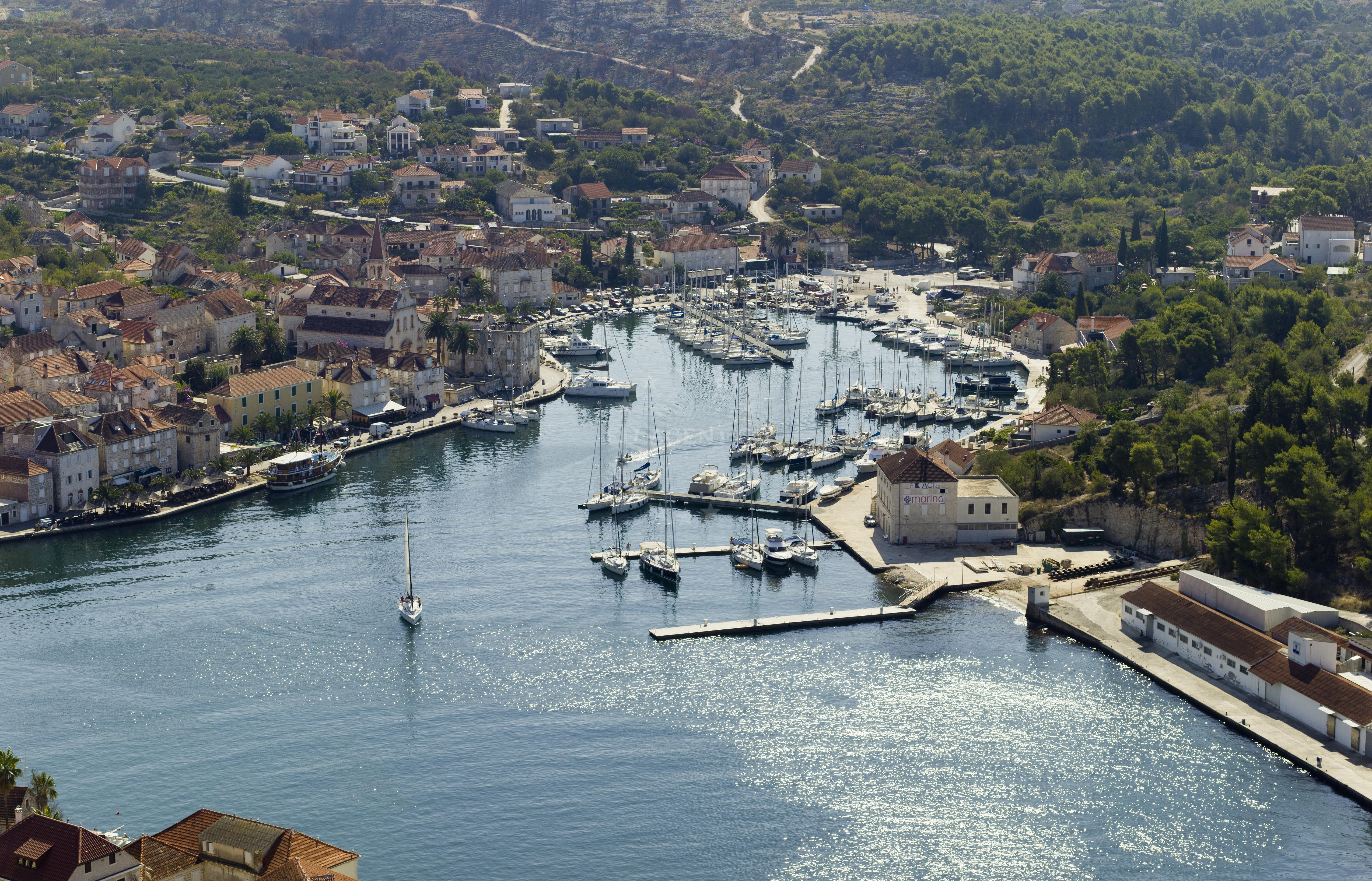 View of the church tower serving as a navigational aid to ACI Marina Milna