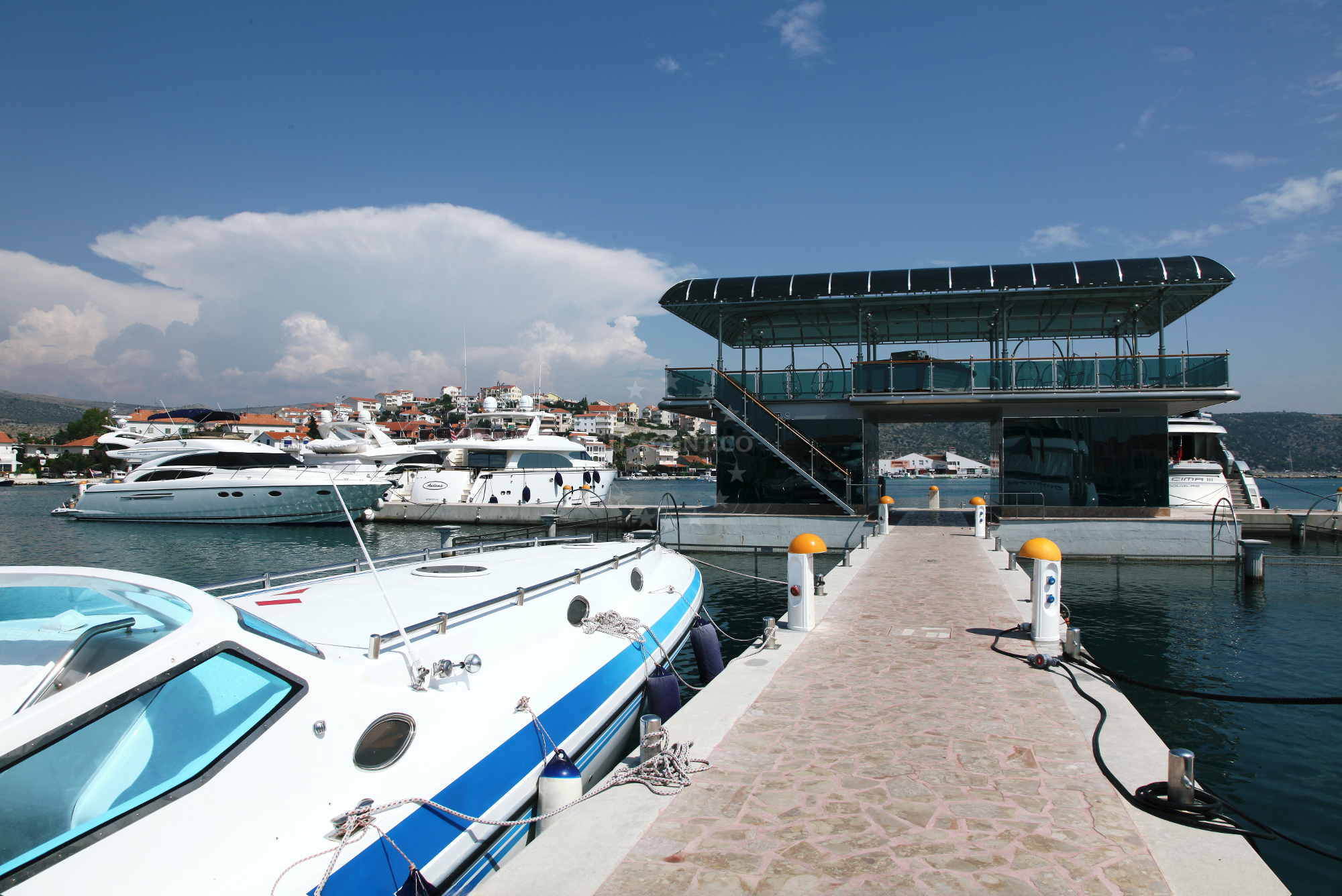Marina Frapa's protected bay with yachts docked