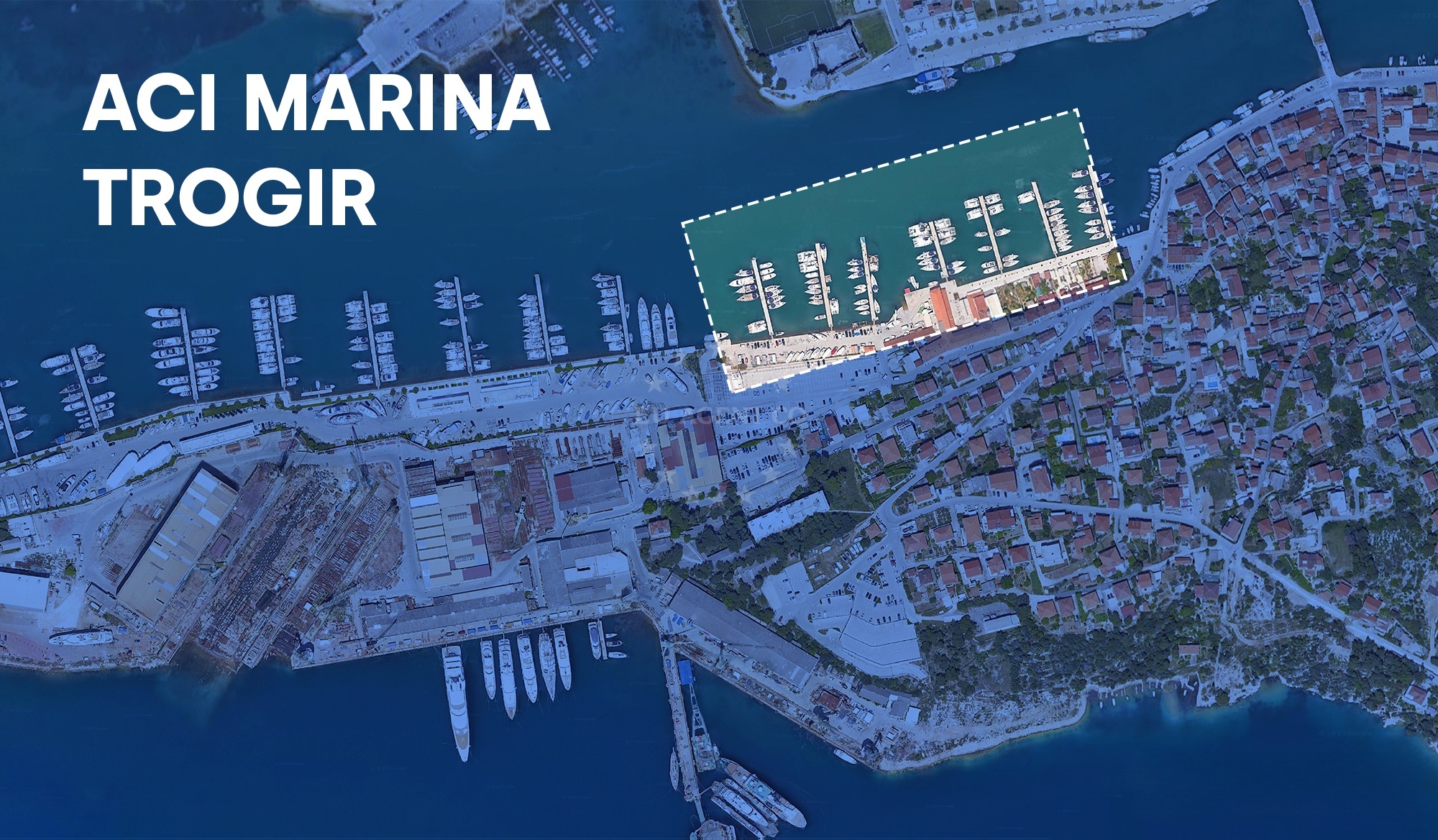 Marina Trogir entrance with historic Čiovo island backdrop