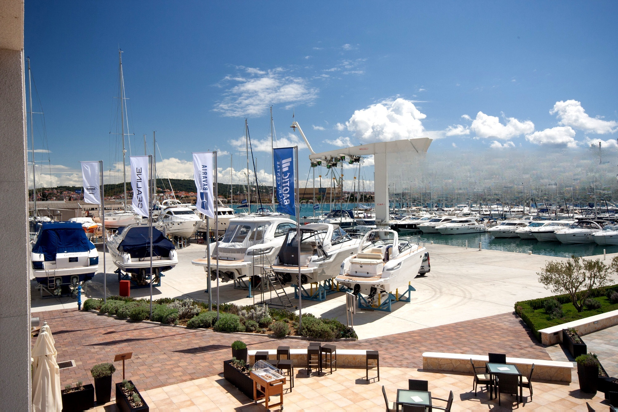 View of Marina Baotic’s berths and the surrounding Adriatic coastline.