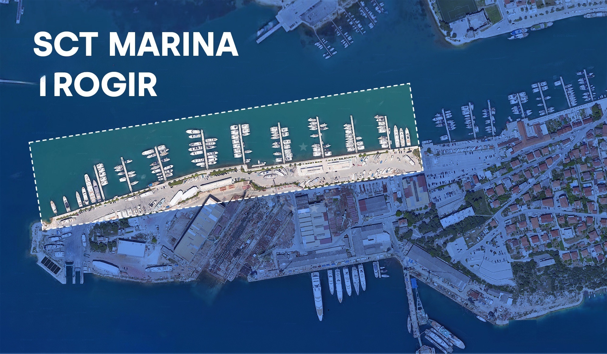 Yacht at Marina Trogir, overlooking the Adriatic Sea and Trogir's medieval architecture