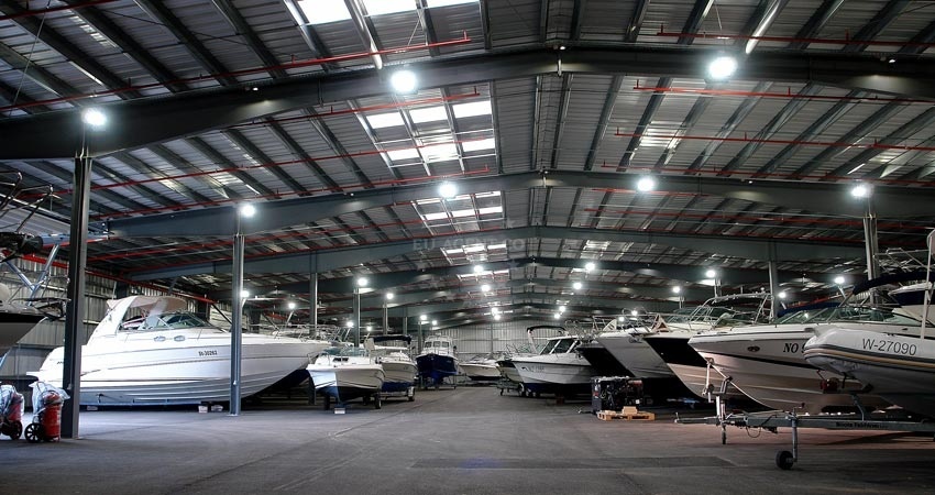 Industrial hangars near Mitan Marina for vessel maintenance