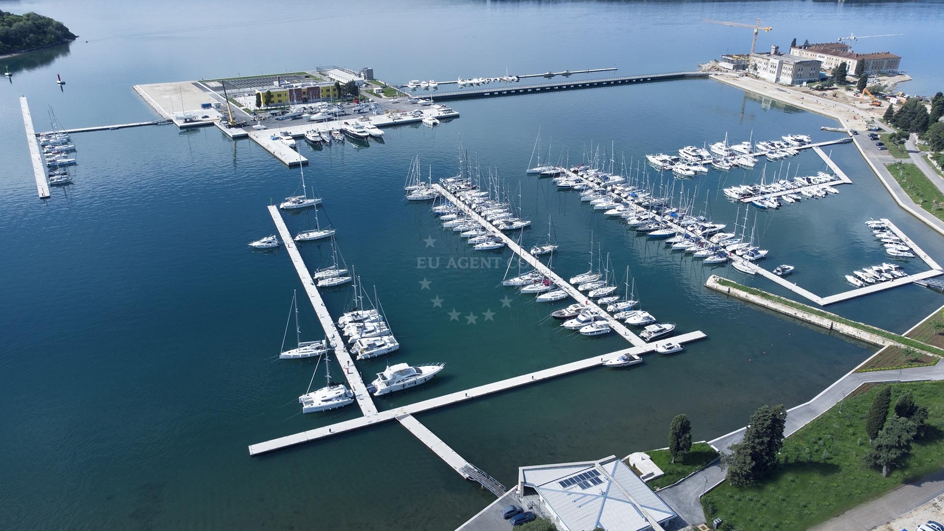 View of Marina Polesana's berths and surrounding Adriatic coastline