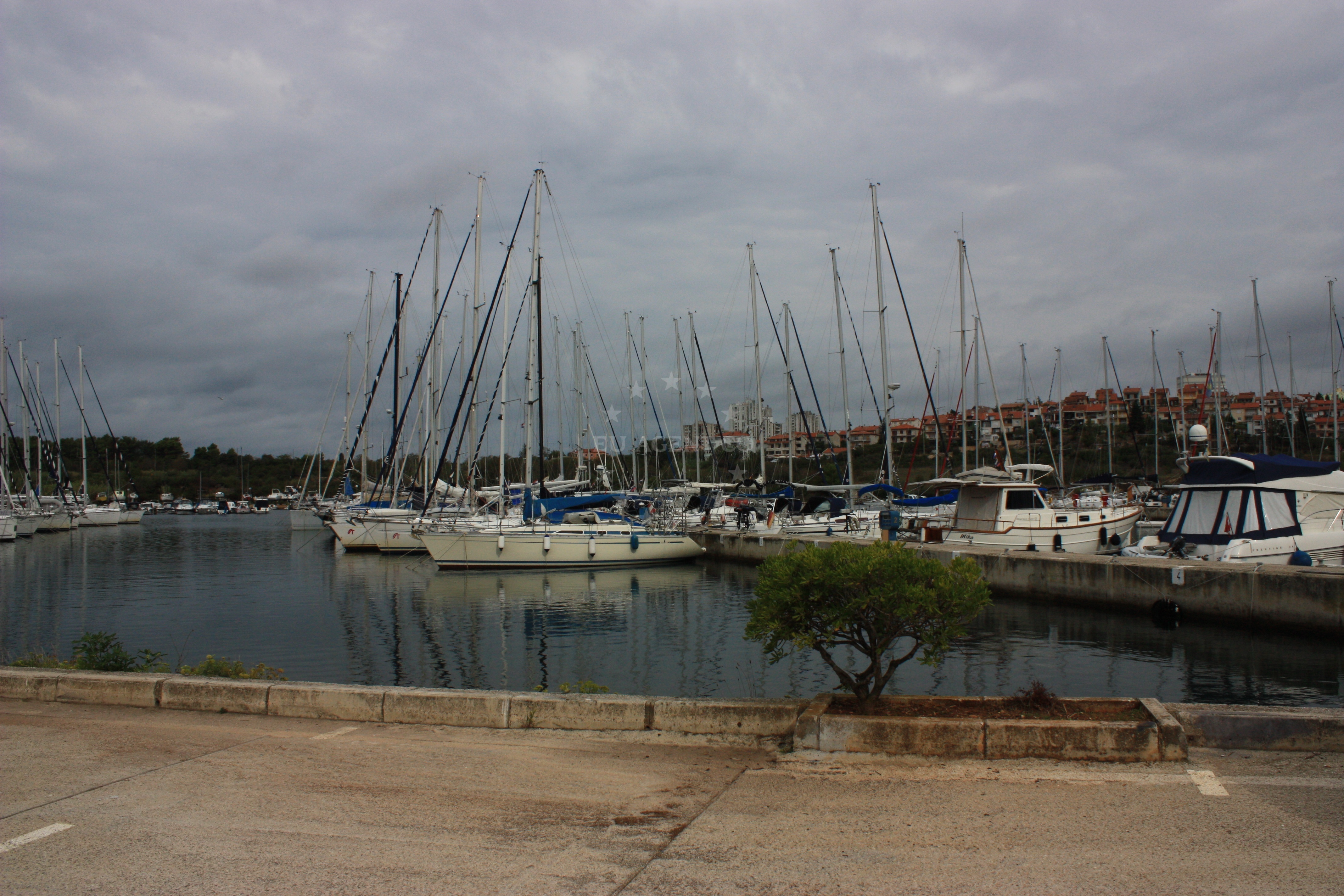 Marina Veruda's jetty and mooring buoys along the western coast of Istria near Pula