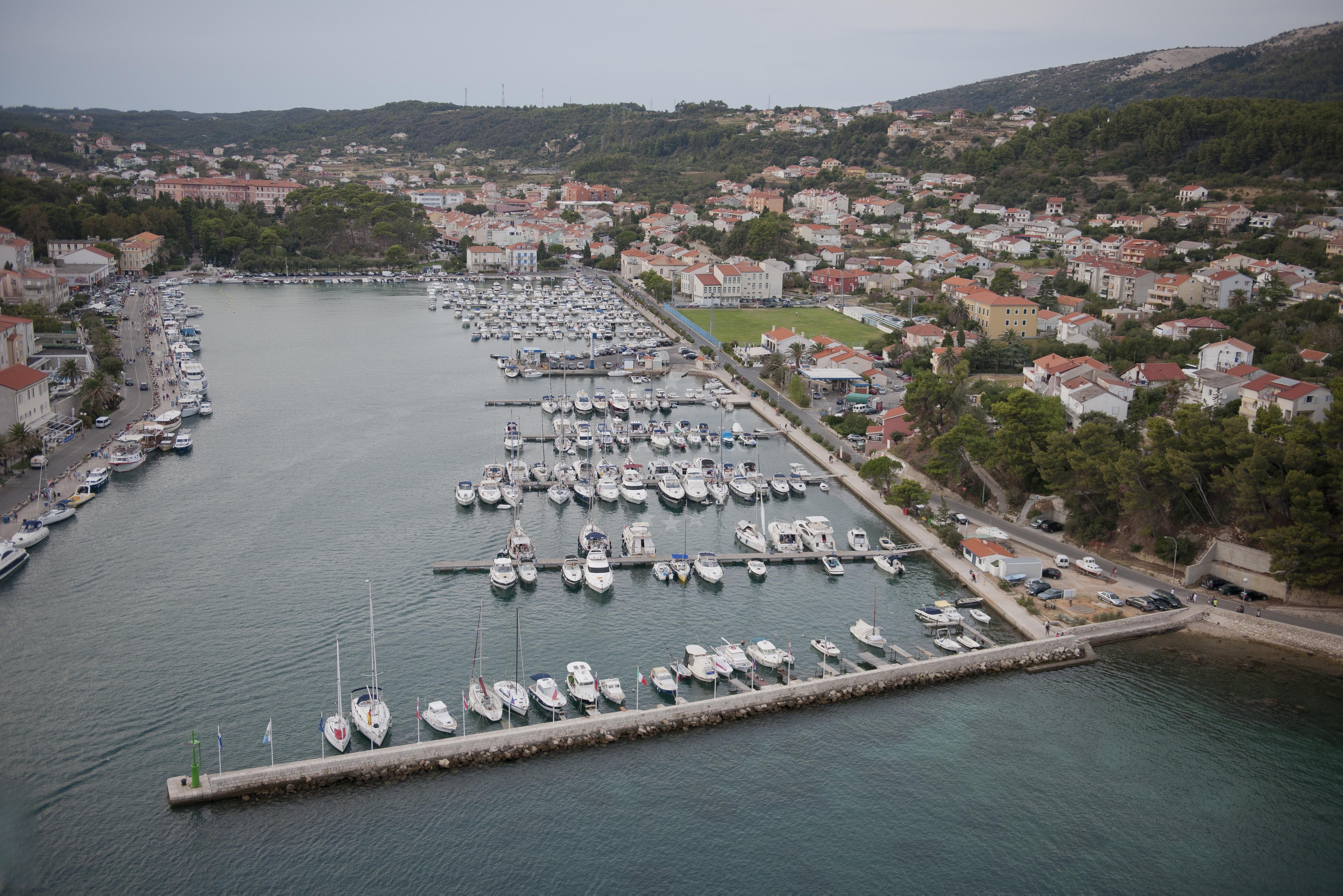 Marina breakwater with lighthouse navigation aids