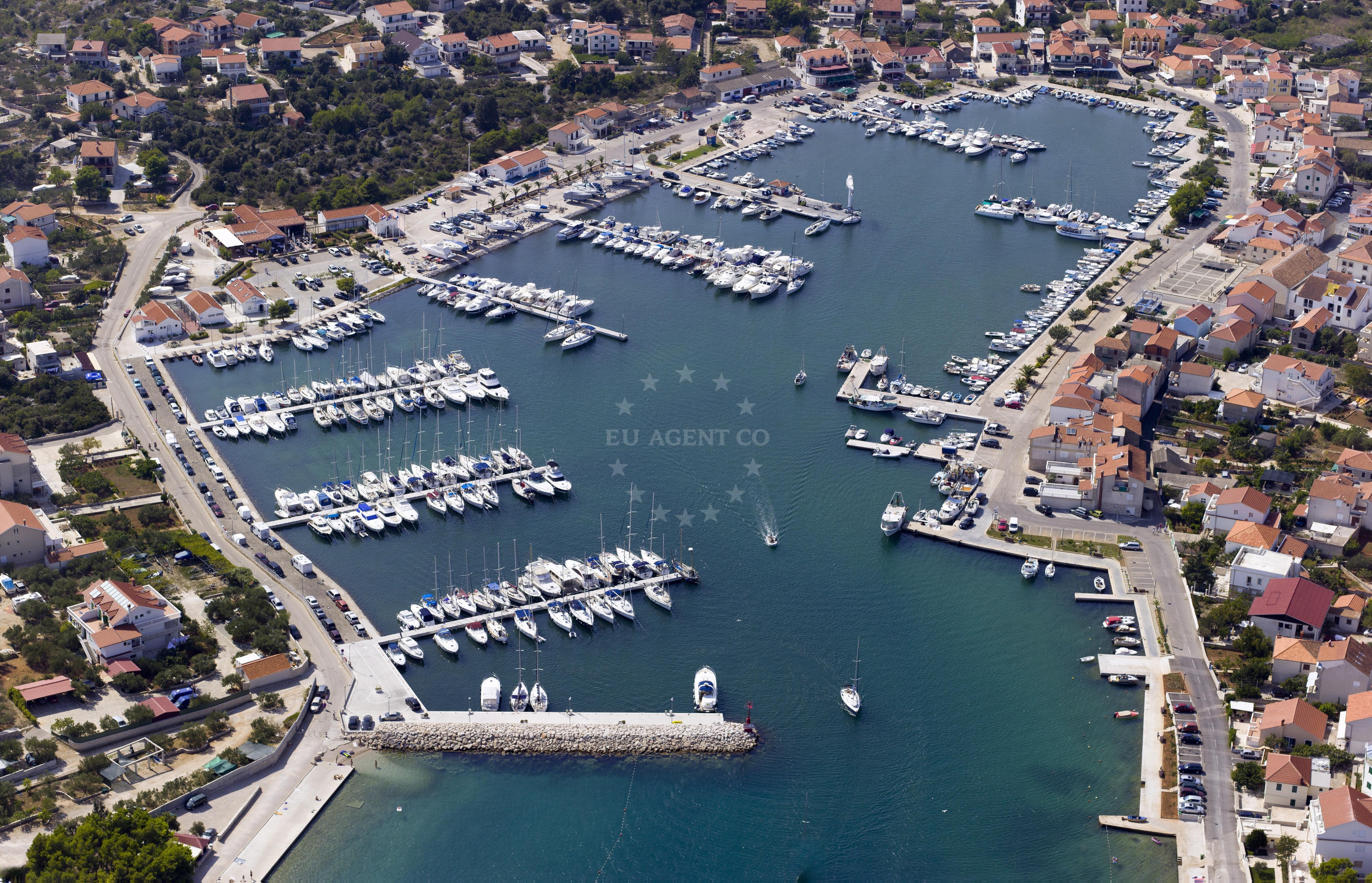 ACI Marina Jezera in Jezera, Murter, Croatia with boats moored in a sheltered bay