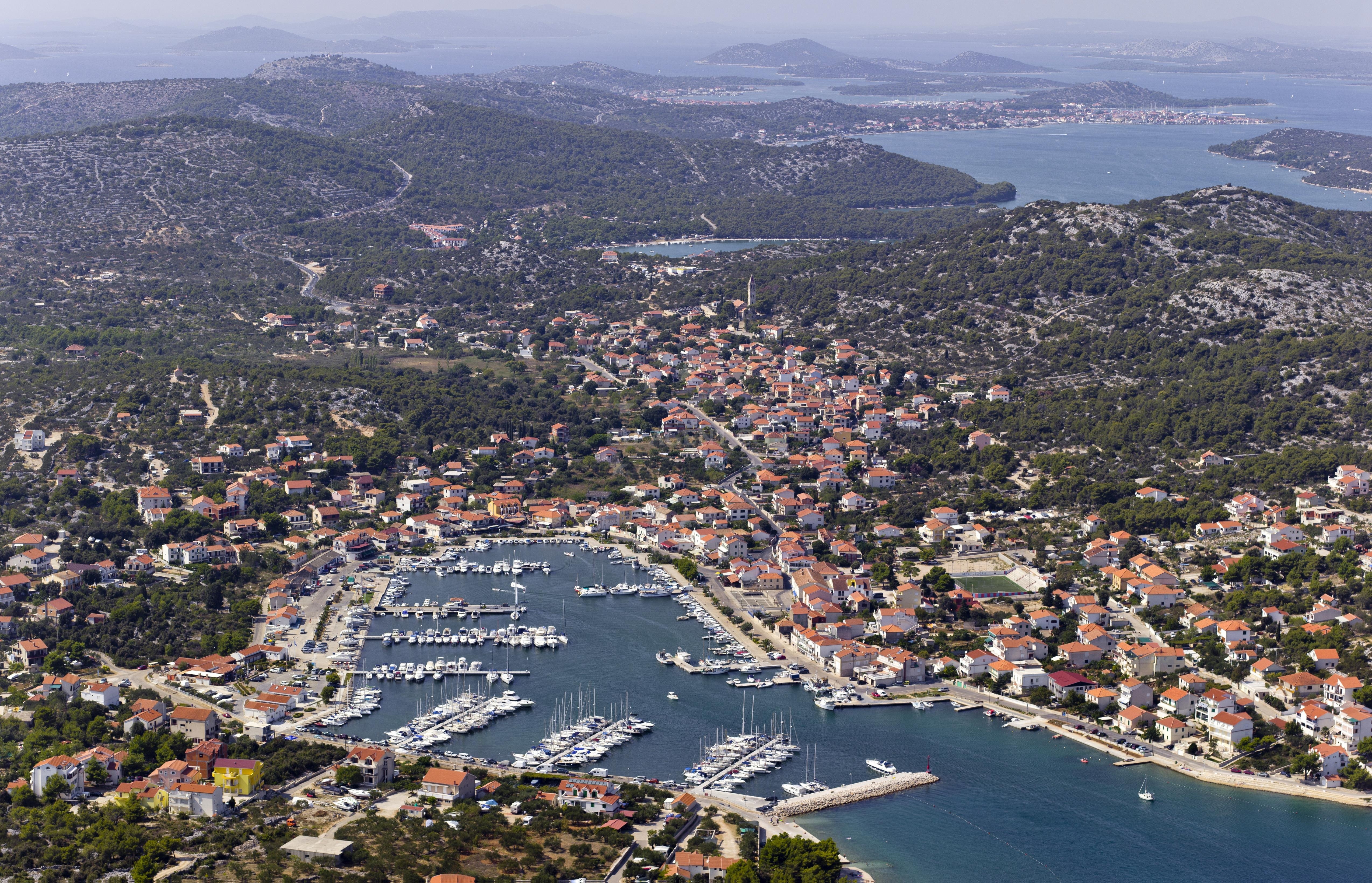 Sailboats anchored near ACI Marina Jezera in the Kornati archipelago