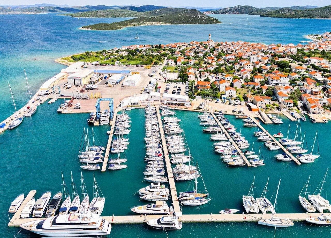 Marina Betina berths with view of Murter Island