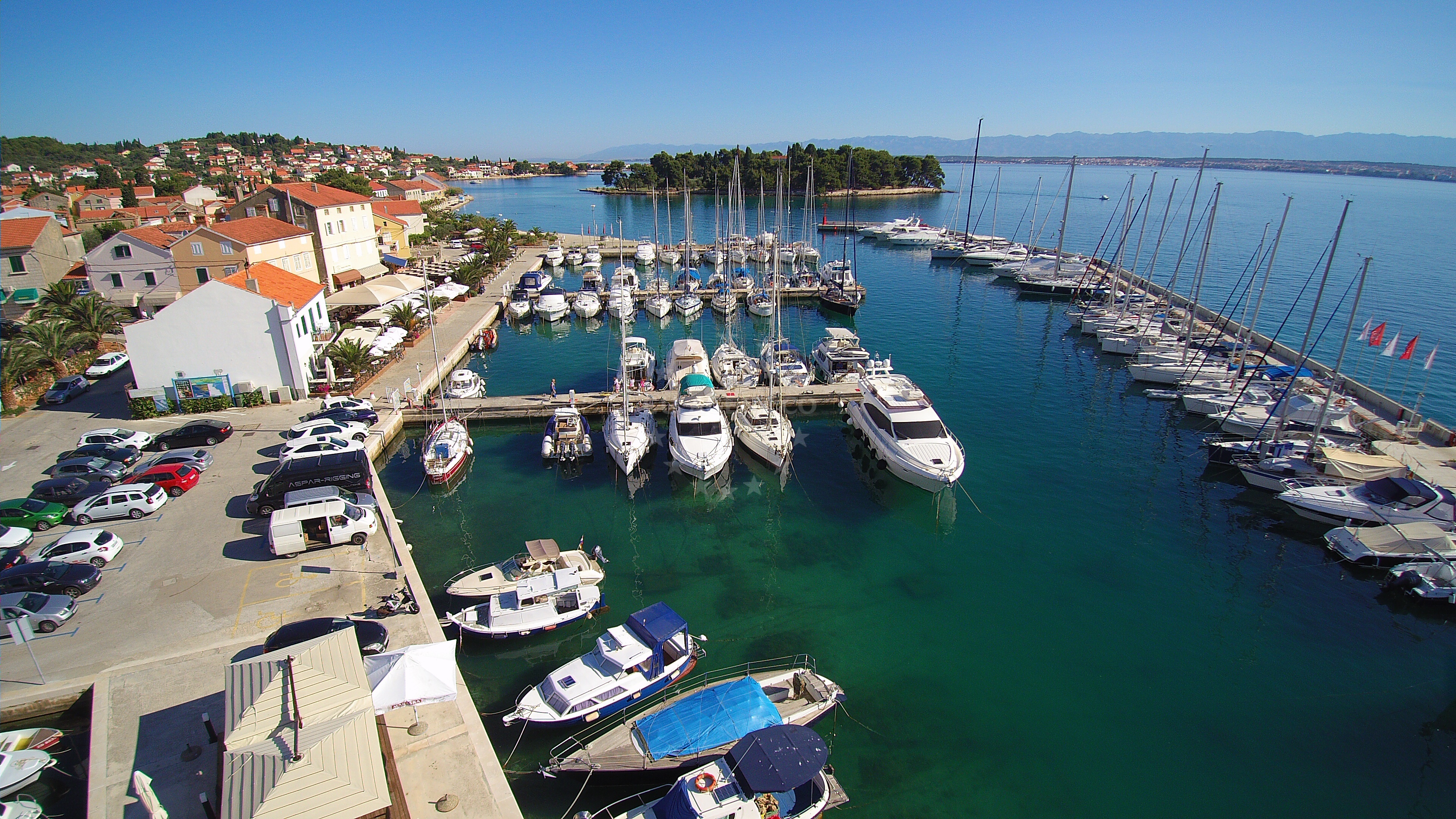 Yacht harbor at Marina Preko with boats anchored near the island of Ugljan