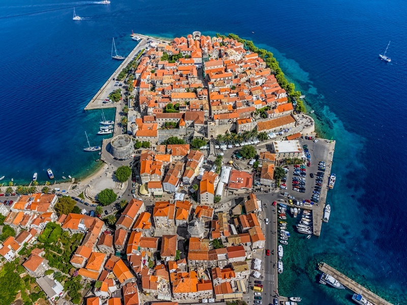 View of Korcula's historic town from the marina