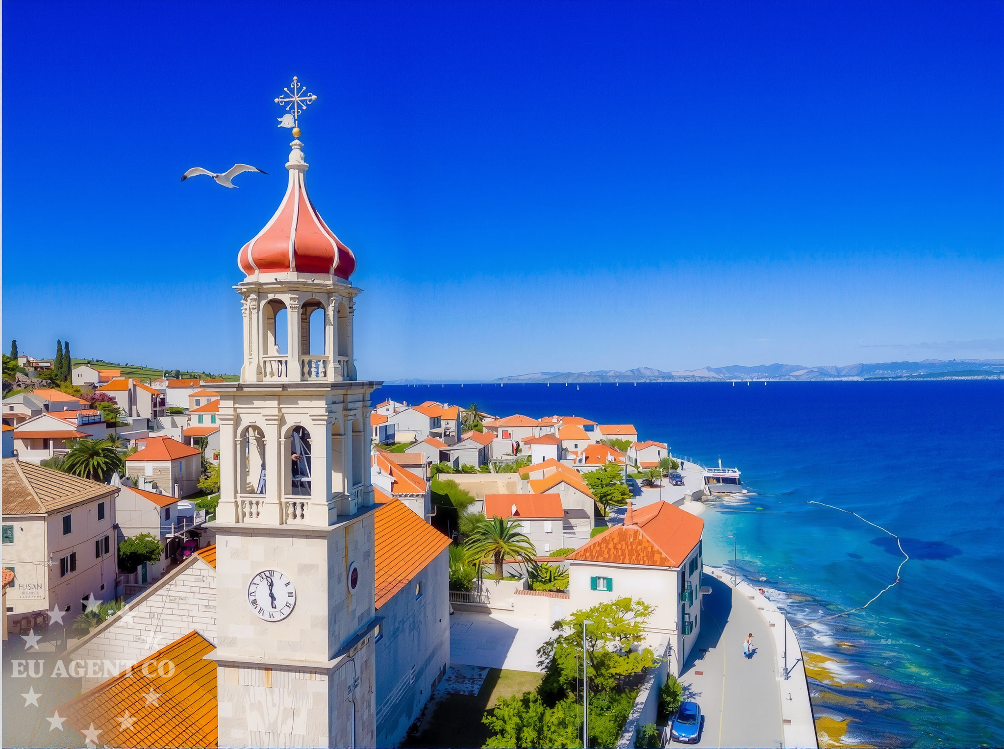 Panoramic view of Sutivan, Brac, with yachts in the distance