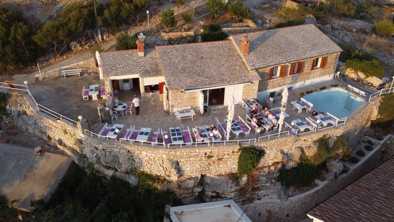 Panorama Restaurant terrace overlooking the Adriatic Sea at sunset