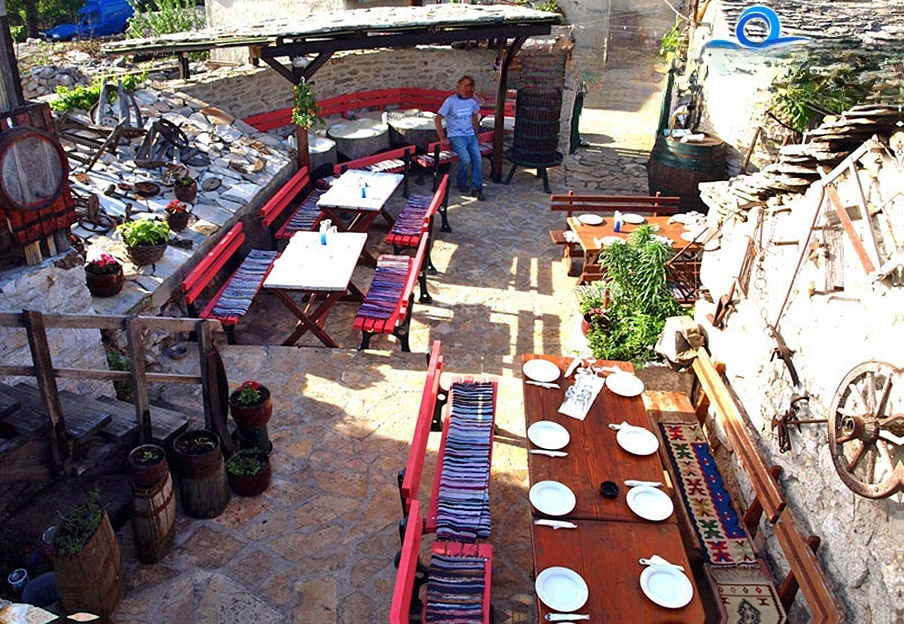 Stone courtyard of Saricevi dvori restaurant in Primosten, Central Dalmatia