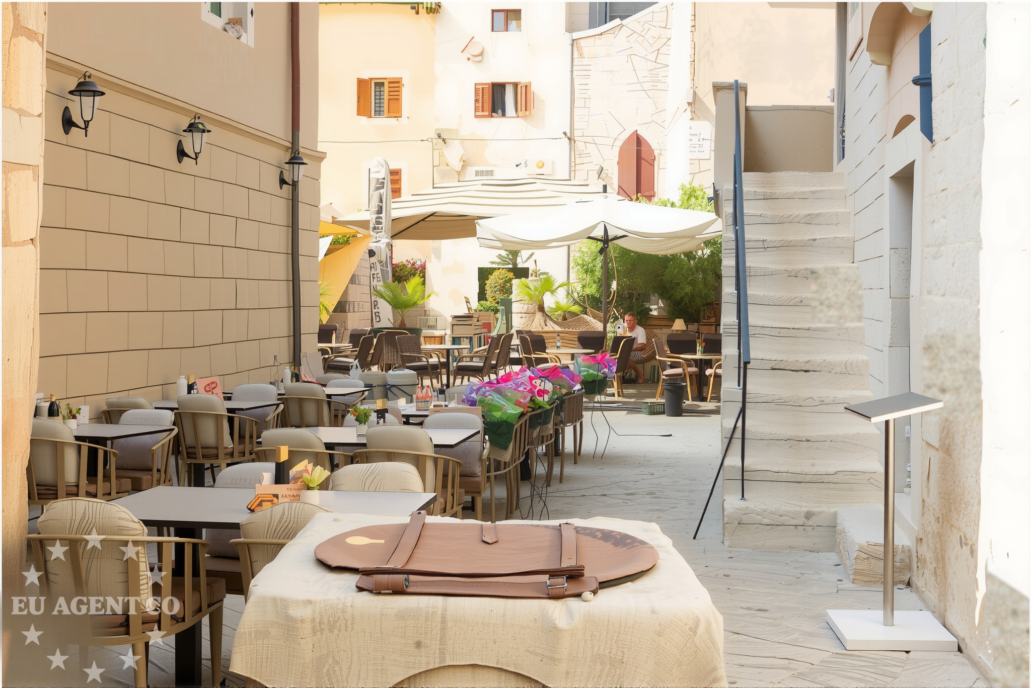 Restaurant in Poreč, Croatia, overlooking the Adriatic Sea with nearby buoy fields in the distance.