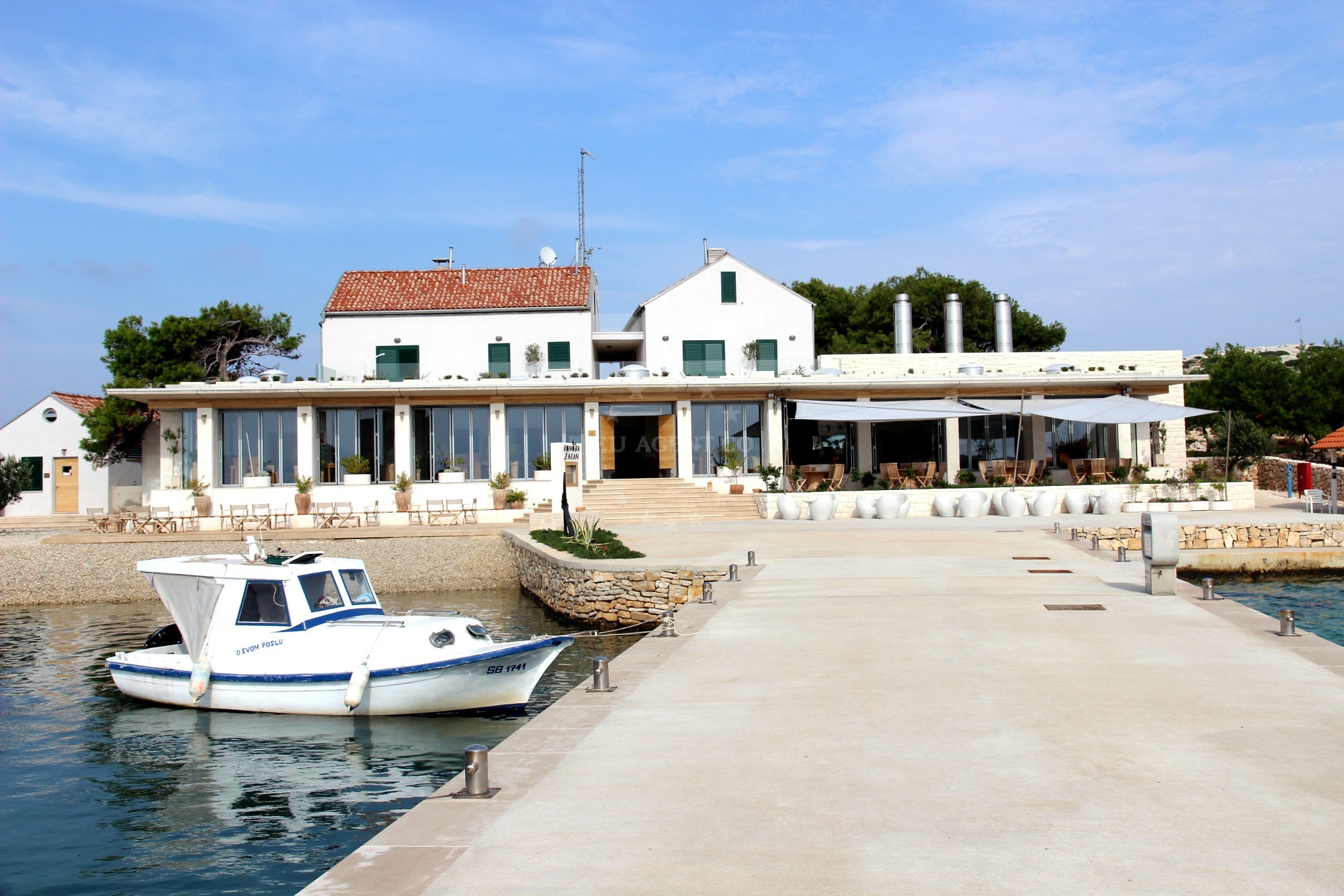 Solid concrete jetty at Zakan Restaurant, Ravni Zakan, North Dalmatia