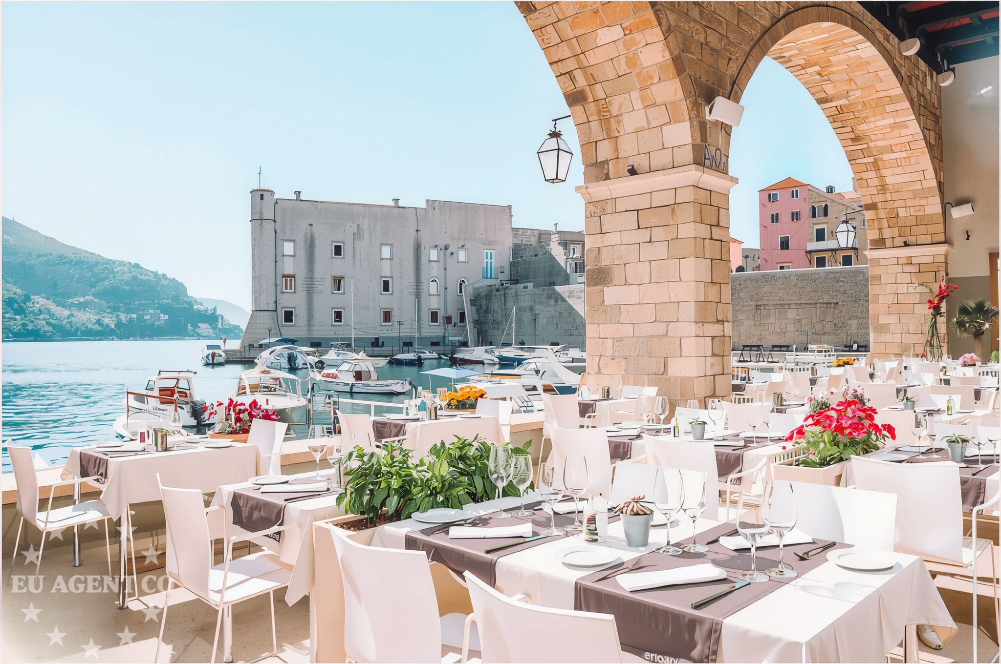 Boats docked at Dubrovnik City Harbour near the restaurant