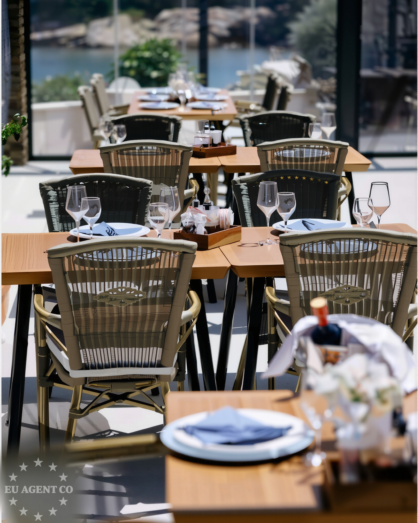 Dining area with a scenic outlook over the water