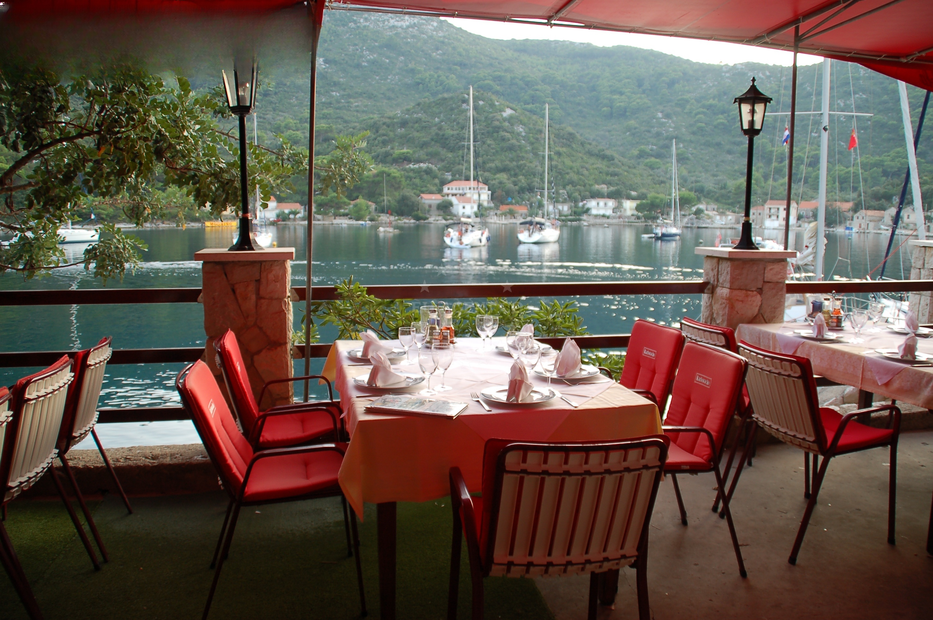View of the Restaurant Maran quay in Okuklje, Mljet