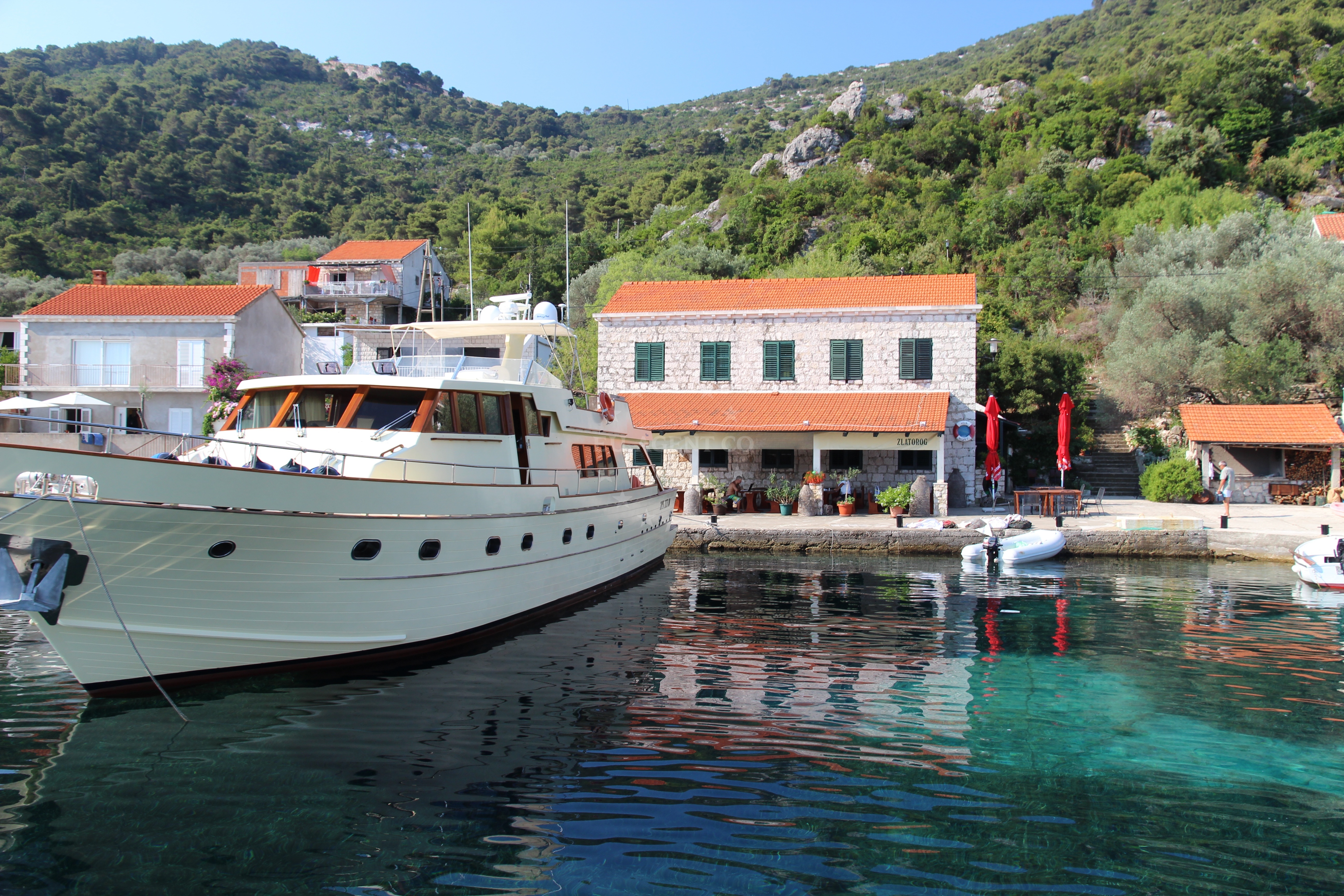 Barba Restaurant quay in Prozura, Mljet, Croatia with yachts moored nearby