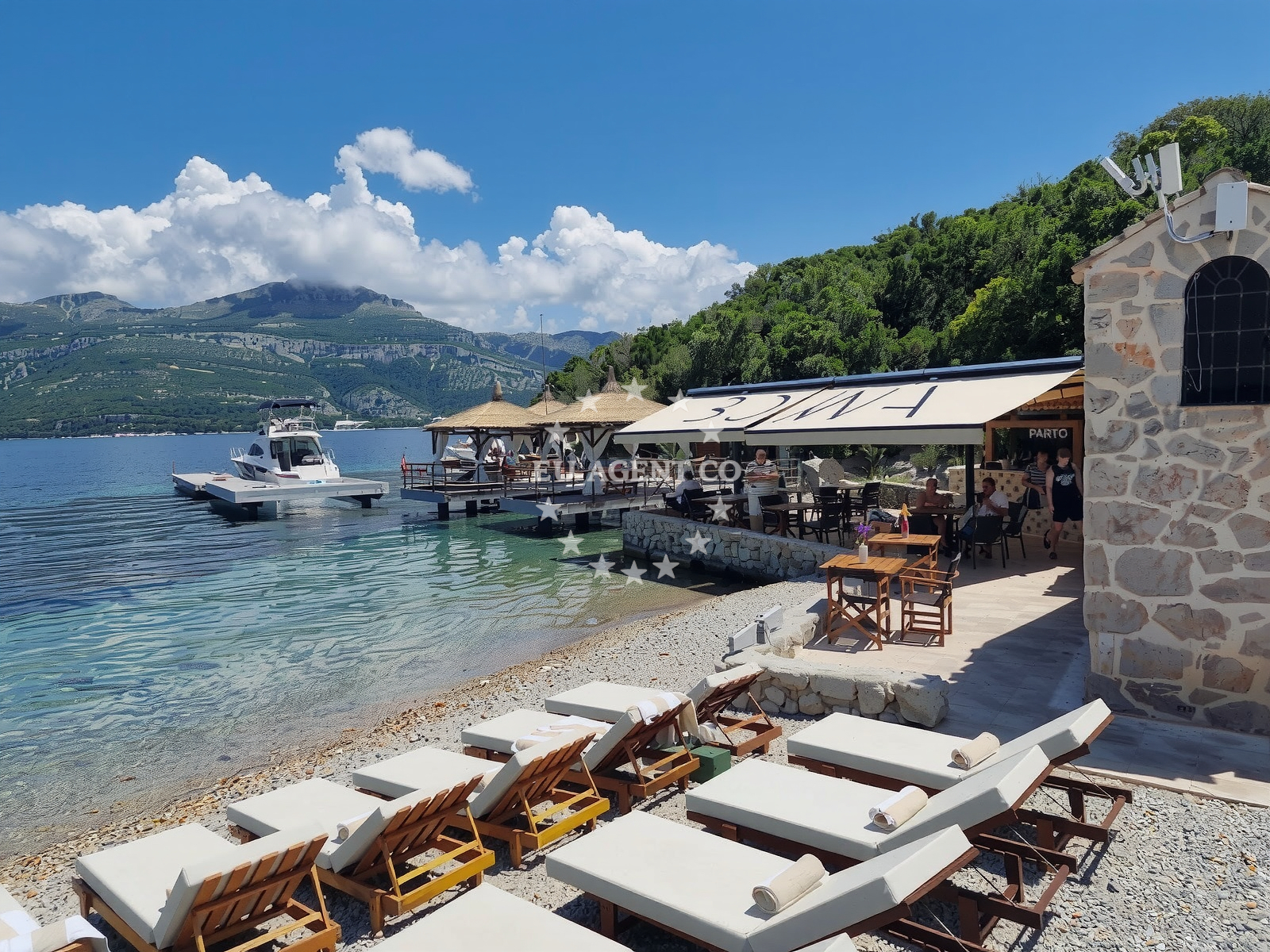 Bowa Restaurant exterior with cabanas overlooking Pakljena Bay, Sipan Island, Croatia