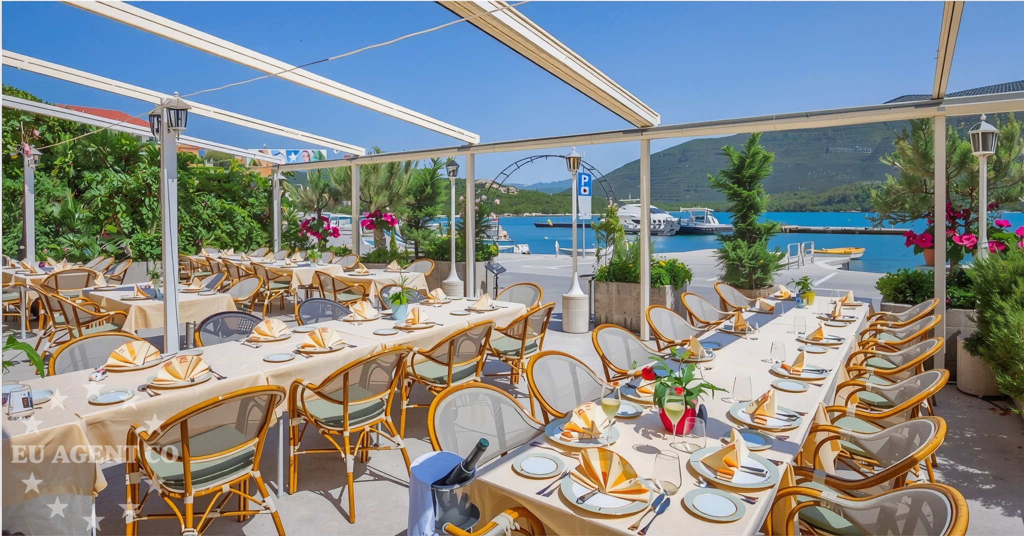 Dining area at Ston Restaurant with views of the surrounding landscape