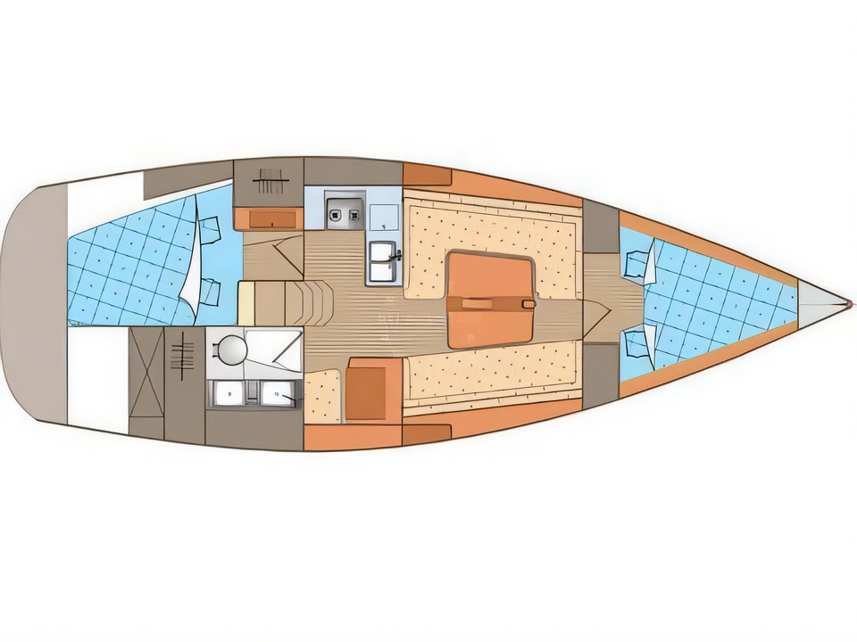 Layout of Elan 340 sail boat with 2 cabins Croatia yacht charter
