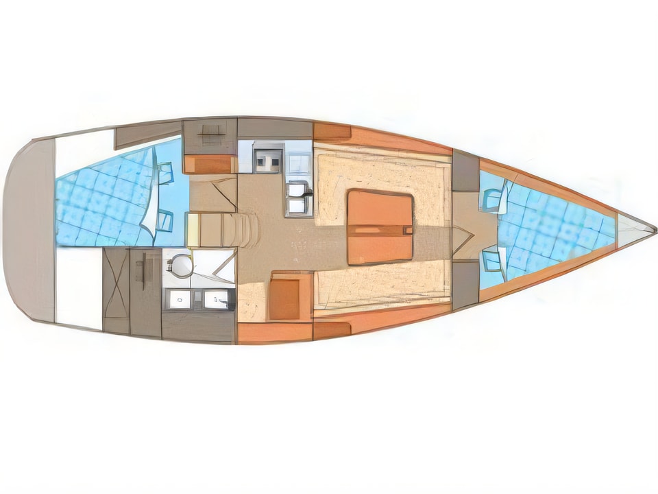 Layout of Elan 340 sail boat with 2 cabins Croatia yacht charter