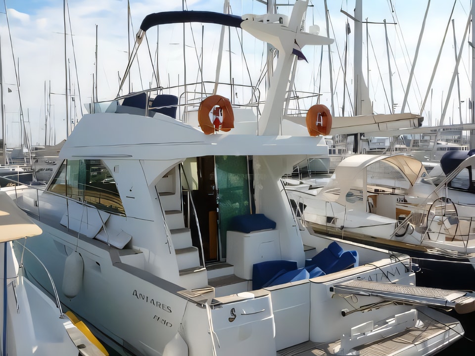 Exterior overview of Antares 13.80 motoryacht for charter from Sukosan Marina Dalmacija in the Zadar sailing area Croatia